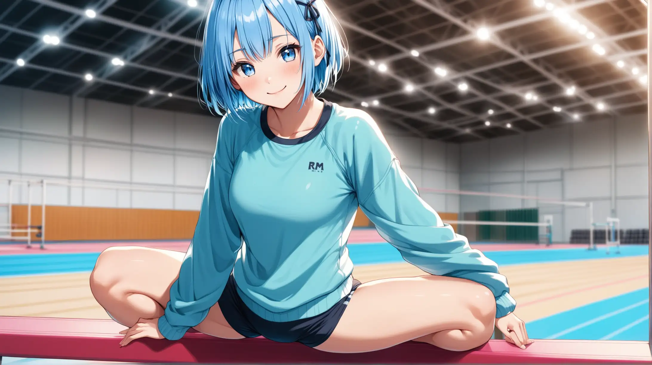 Draw the character Rem, high quality, indoors, in a gymnastics arena, medium shot, in a casual pose, on a gymnastics beam, wearing gym clothes, smiling at the viewer