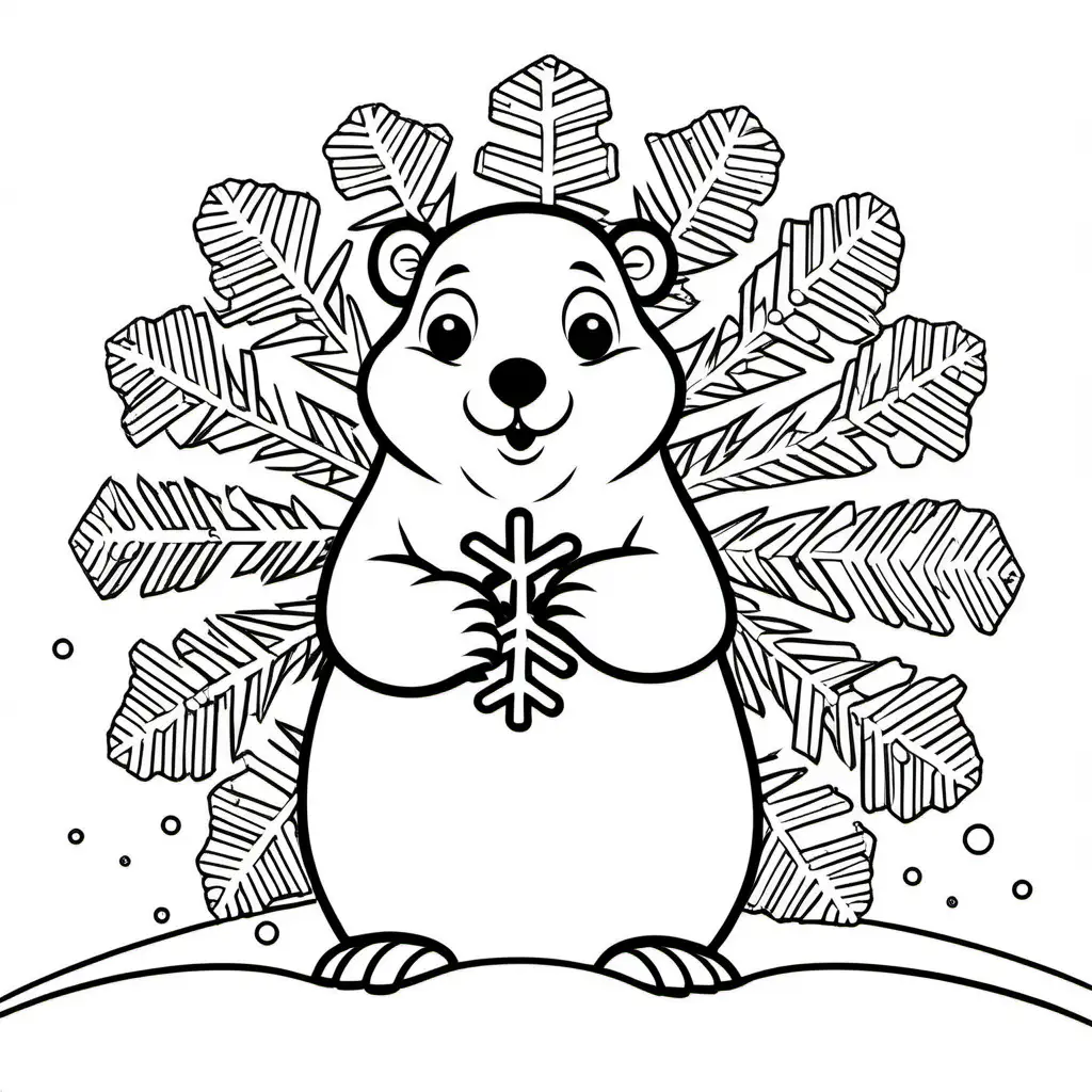 Groundhog holding a snowflake in its hand, Coloring Page, black and white, line art, white background, Simplicity, Ample White Space. The background of the coloring page is plain white to make it easy for young children to color within the lines. The outlines of all the subjects are easy to distinguish, making it simple for kids to color without too much difficulty