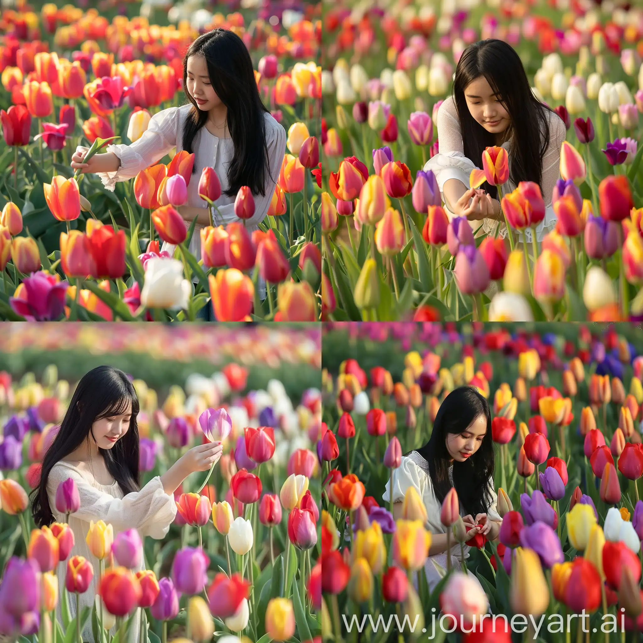 a field of colorful tulips, a lone girl in the midst of it, she is a 18 years old Indonesian, she has a long black hair, wearing a thin white blouse, she is trying to pluck one of the tulips, with warm expression, sunny day