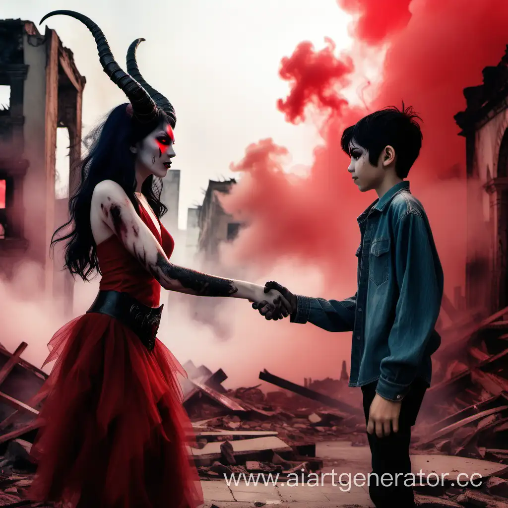Демонесса с красными глазами черными волосами и красивыми рогами жмет руку Мальчику 14 лет, вокруг них красный дым. Разрушенные здания