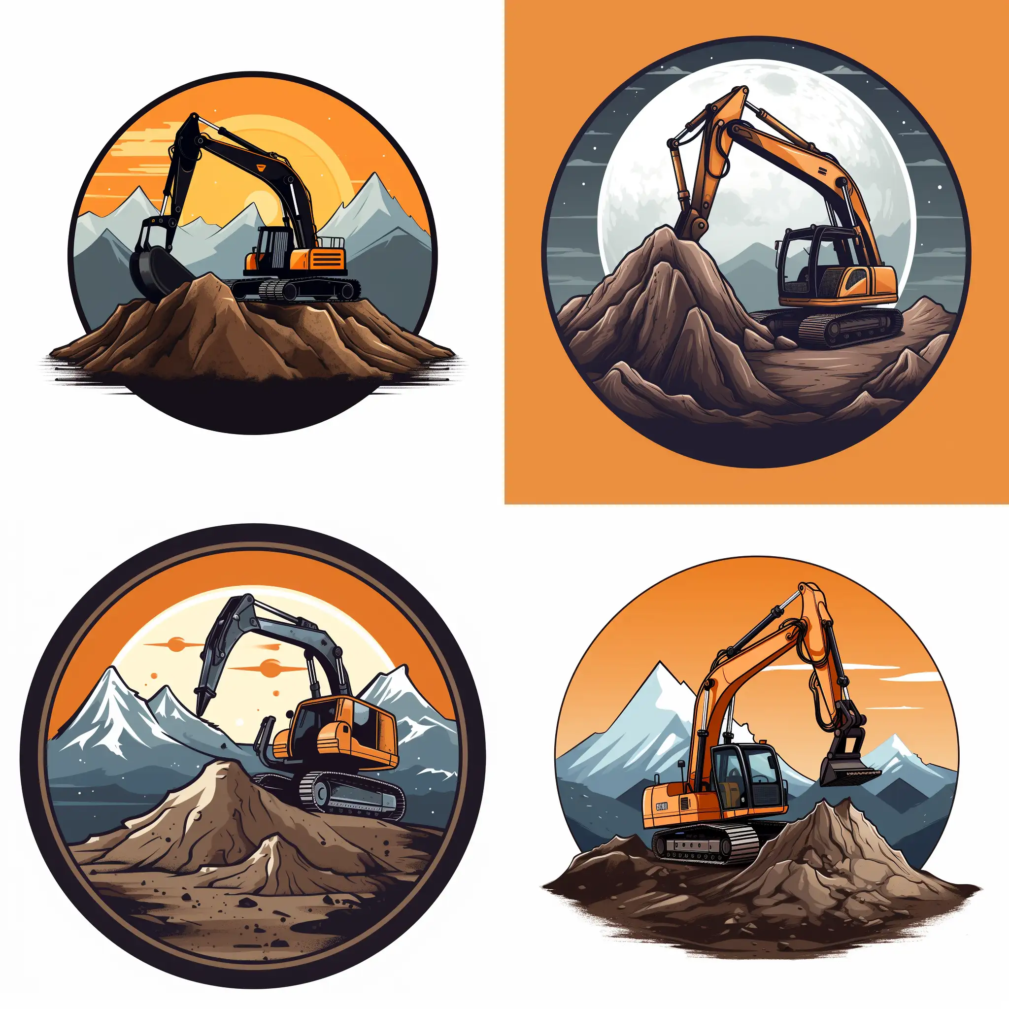 create a logo for the company Bridger McDonald Excavation, that is a orange Hitachi like excavator on a mound of dirt, spilling dirt out of the bucket onto the ground, in front of a simple grey mountain backdrop, without sky or sun in the background.
