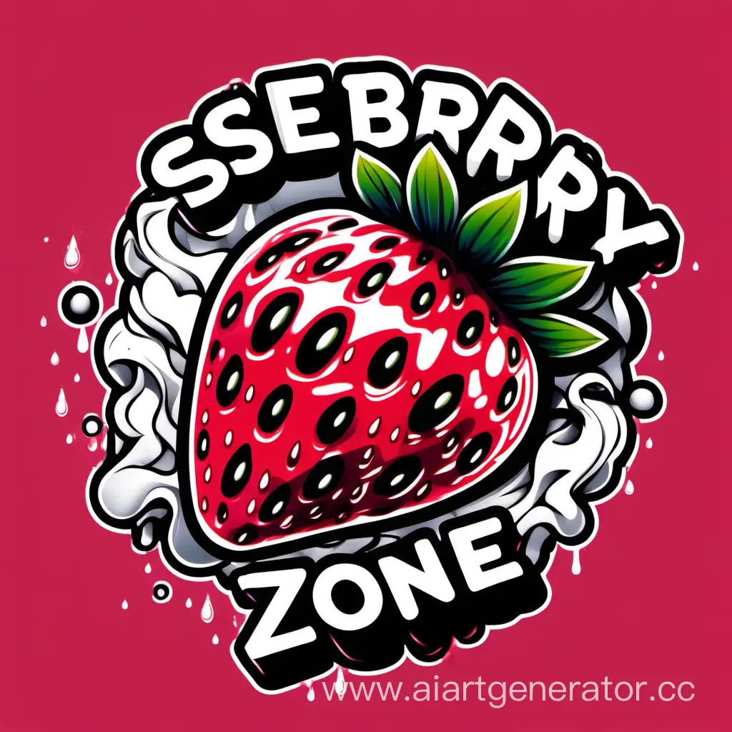 логотип, клубника обмакнутая во взбитые сливки, которые стекают каплями по клубнике немного киберпанк и мультяшность и сексуапльность, внизу надпись Sberry zone