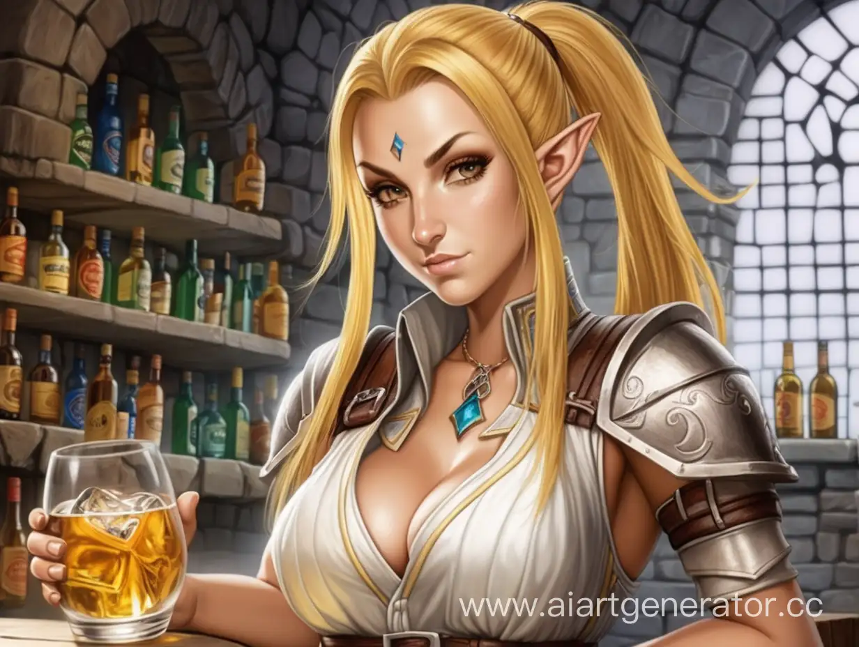 Dungeon and Dragons is a semi-elf female bartender with golden hairs pre-combed hair in a small ponytail big breasts white background
