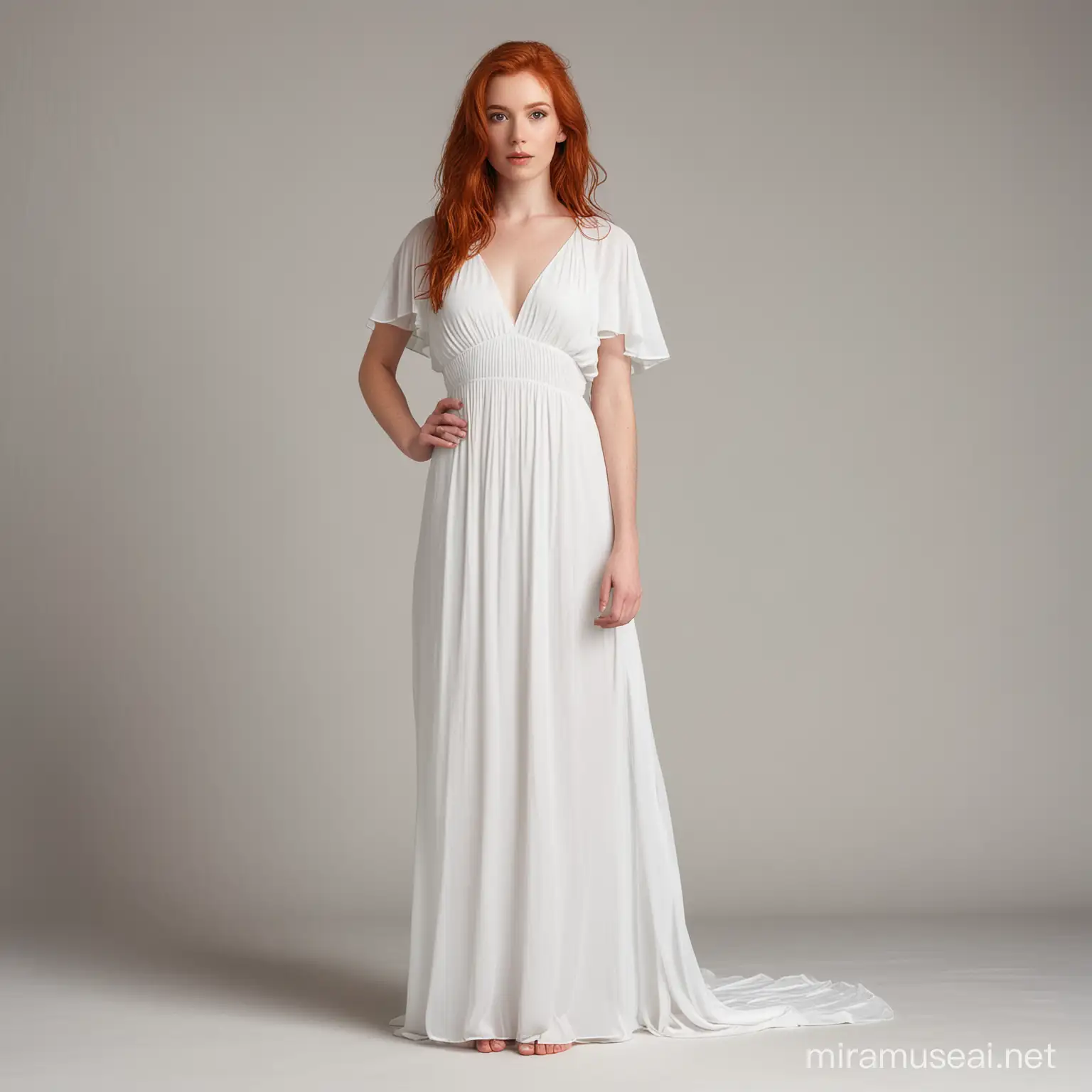 A redheaded model in a long white dress, full length image