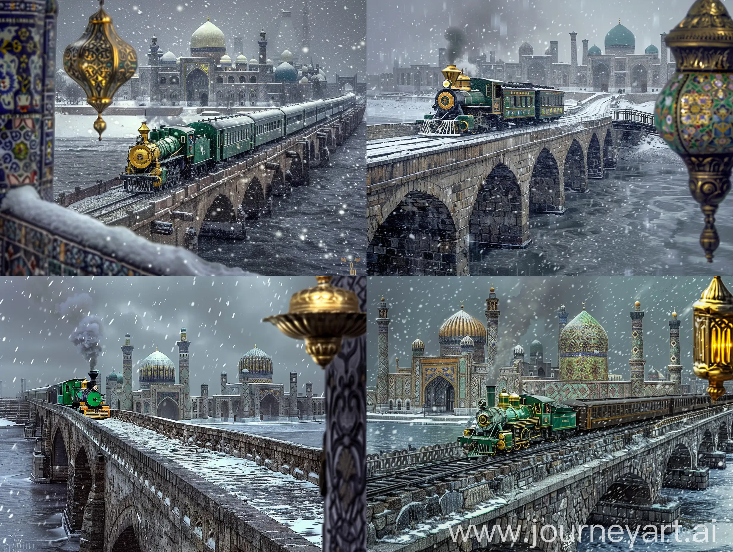 Cinematic photo: A stonebridge going towards into a seafront city, a green golden steam engine train moving on the bridge towards the middle of city, in the background is the wide seafront city of floral Persian tiled Uzbekistan mosques and timurid persian islamic architectures all having floral persian tile exterior and gold ornaments, dark grey dramatic weather, snowfall, a glorious islamic lamp hanging on side of the image --ar 4:3 --style raw
