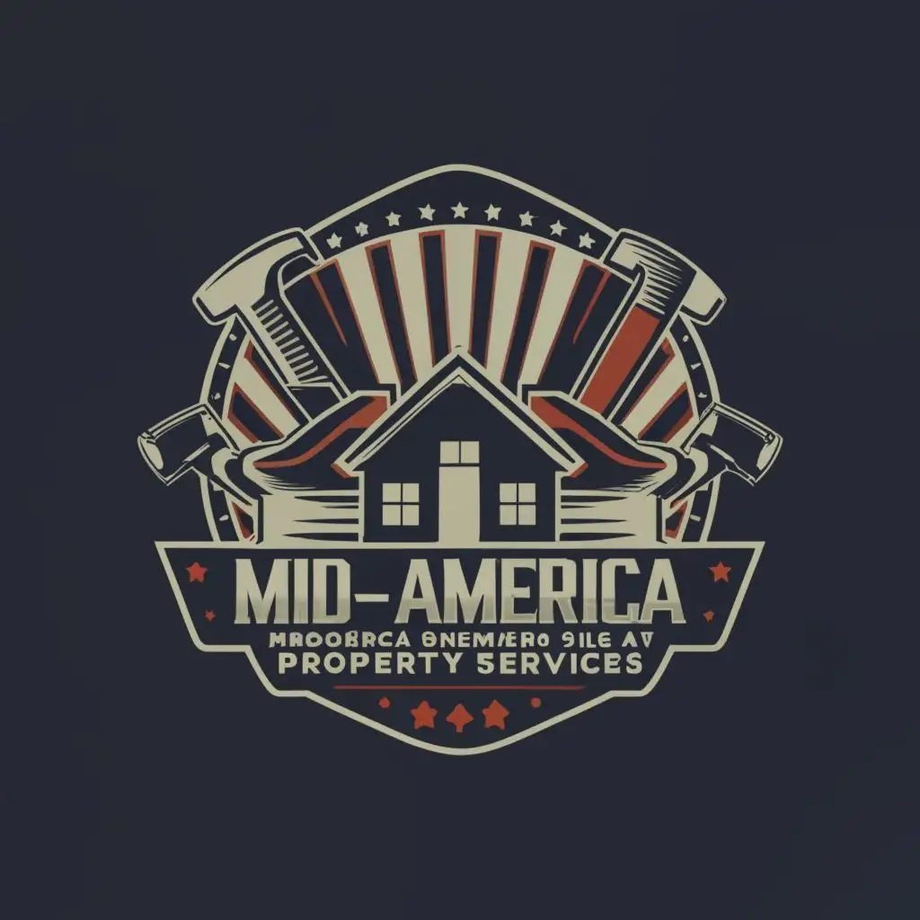 a logo design, with the text Mid-America Property Services L.L.C., main symbol: art nouveau bauhaus residential hammer, residential hand saw, residential gabled homes gable with window, red, white, blue captain america shield, simple minimalistic, to be used in Construction industry, clear background