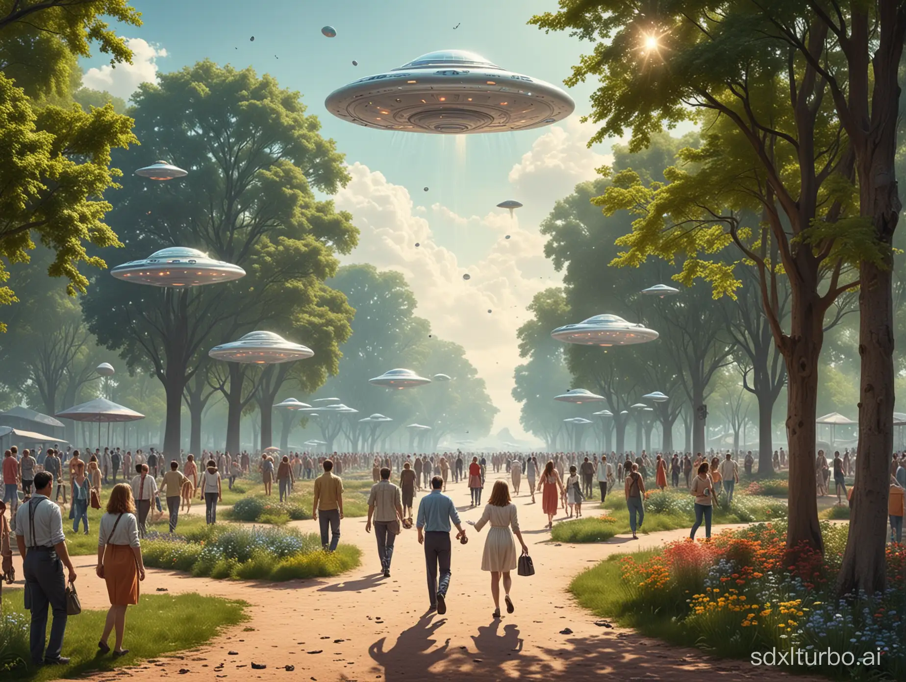 Futuristic-Park-Scene-with-Flying-Saucers-and-Strolling-People
