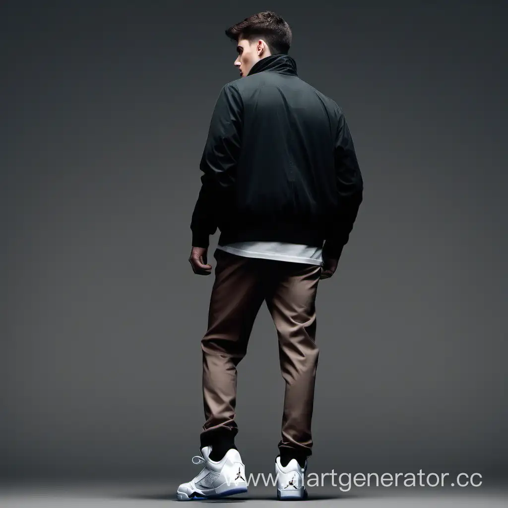 The guy is standing with his back to his full height, in the dark in a nike jordan 5, short brown hair, face is not visible, dress trousers and jacket

