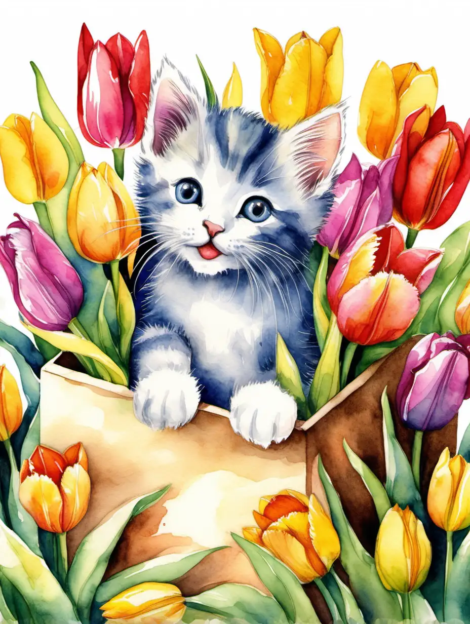 Envision a cozy setting with a baby kitten in a box, surrounded by tulips of different colors. Use watercolors to capture the playful and joyful spirit of the kitten amidst the diverse and lively tulip blooms.