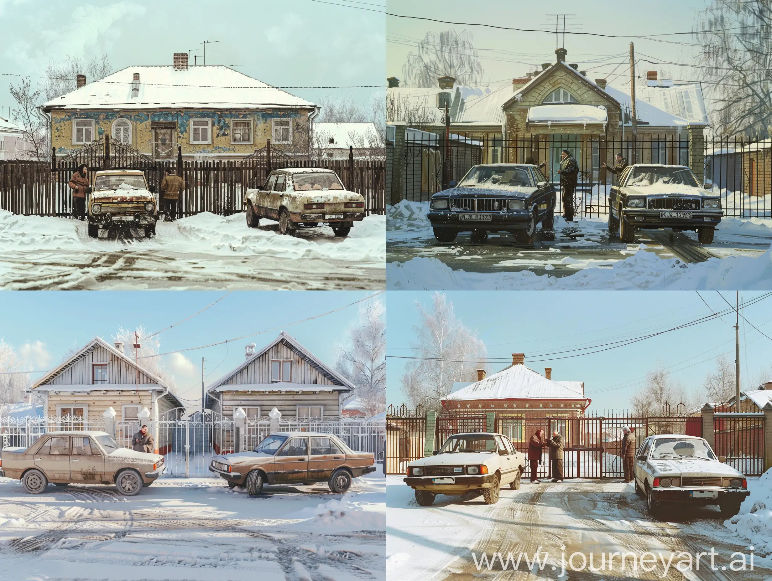 Сибирский дом, забор, яркий зимний полдень. Перед воротами припаркованы два автомобиля, по бокам от автомобилей стоят их водители и жарко спорят  друг с другом. Фотореализм,  настроение легкое и веселое.
