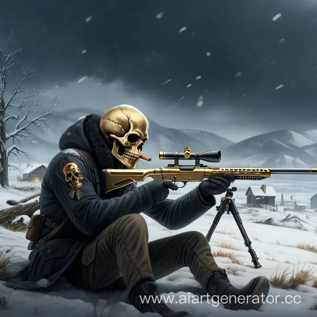 В маске черепа золотой оправой, в руках винтовка снайперская, темное небо, снежный пейзаж под снегопадом, курит сигарету, много трупов в округе , 4к 