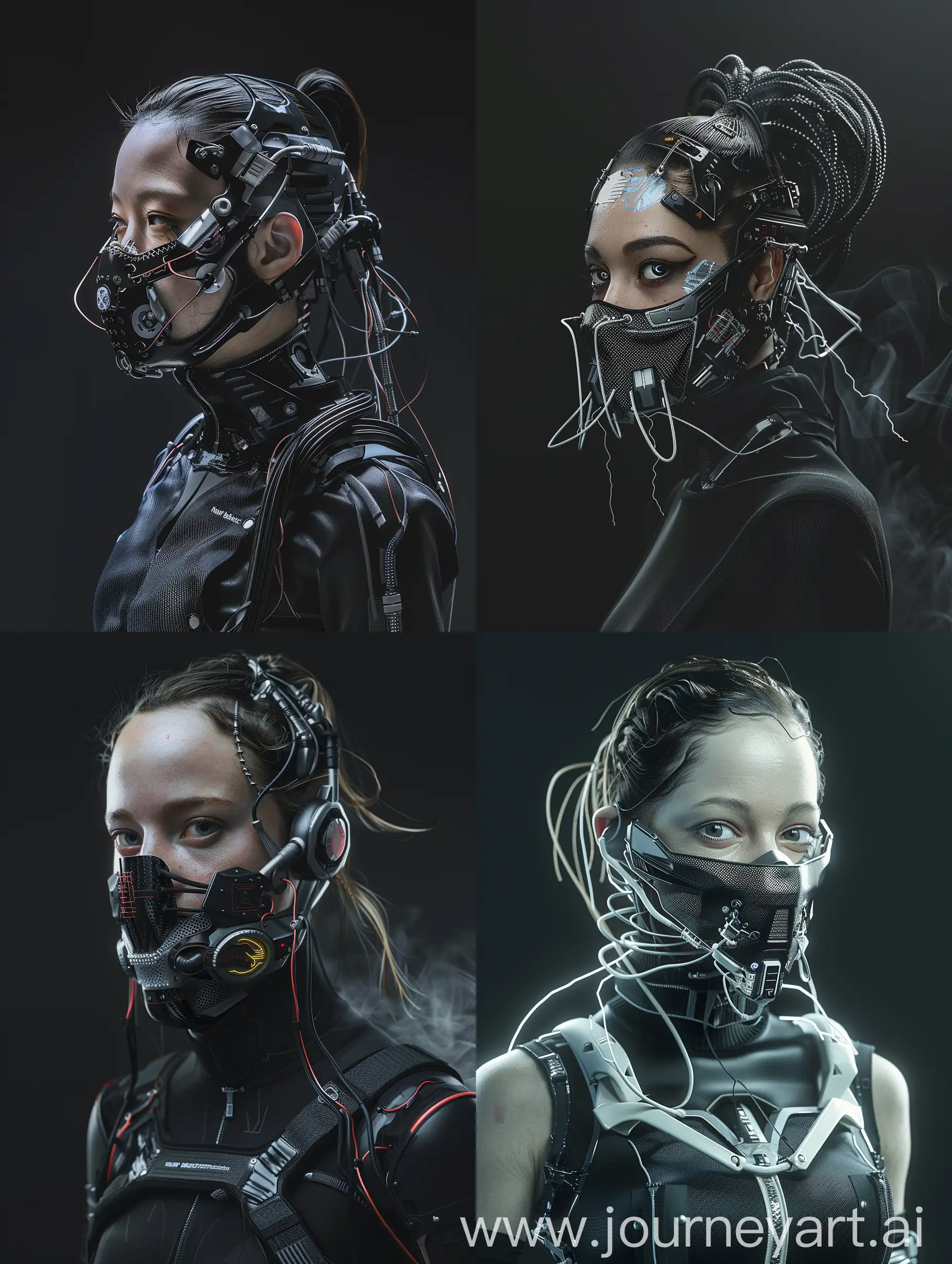 Against a sleek black backdrop, witness the captivating presence of a Beautiful characther adorned with a cybernetic mouth-covering mask. It seamlessly merges cutting-edge technology with intricate details, showcasing carbon fiber textures, sleek aluminum accents, and pulsating wires. Symbolizing the delicate equilibrium between humanity and machine, her appearance embodies the essence of a futuristic cyberpunk aesthetic, further accentuated by New Balance-inspired add-ons. With dynamic movements reminiscent of action-packed film sequences, accompanied by cinematic haze and an electric energy, she exudes an irresistible allure that commands attention