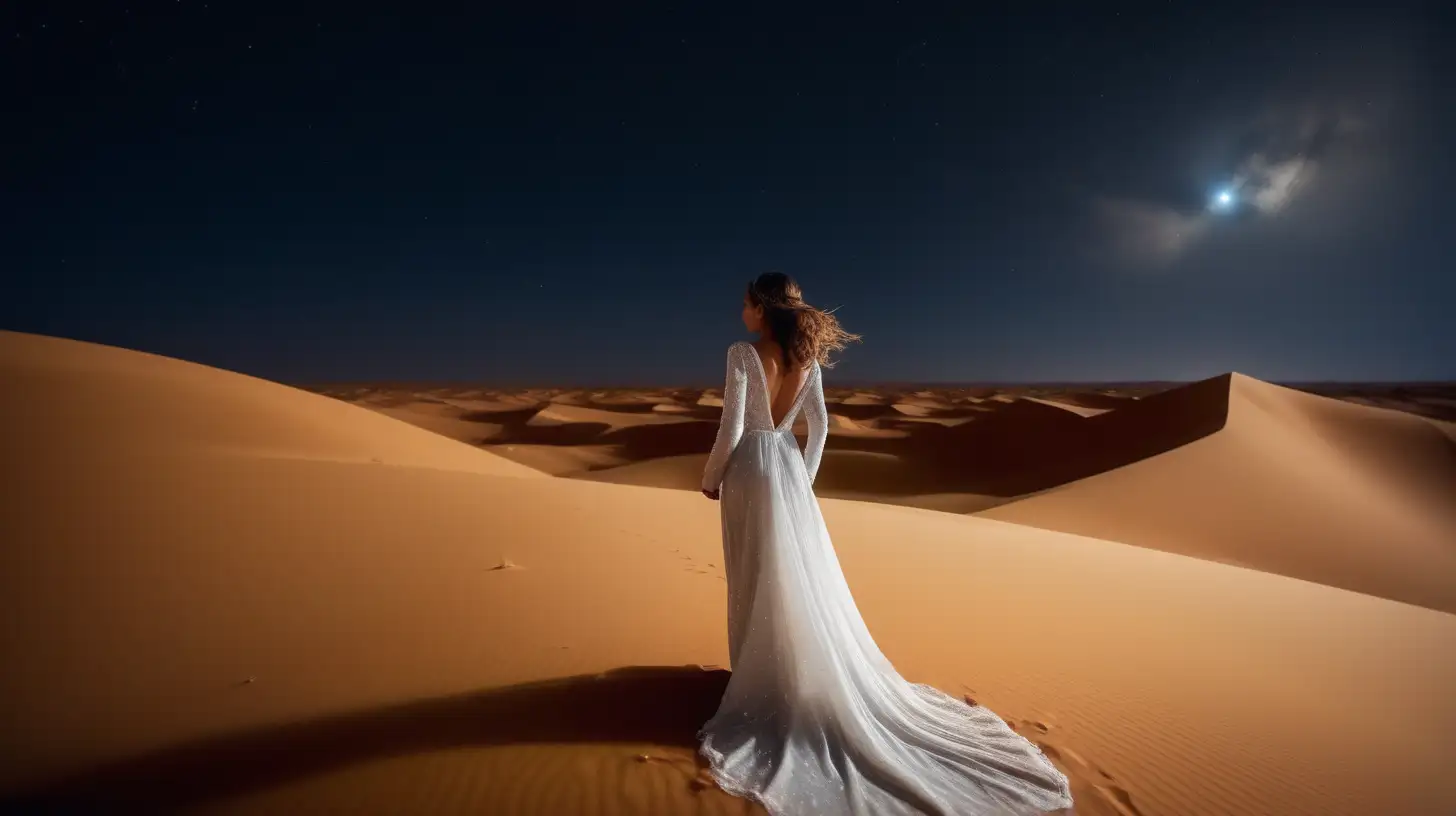 Beautiful woman in longsleeve wedding dress in the middle of Sahara Desert at the night, wind, Stars, waxing Gibbous phase, wide view long exposure. back angle shot --v 6