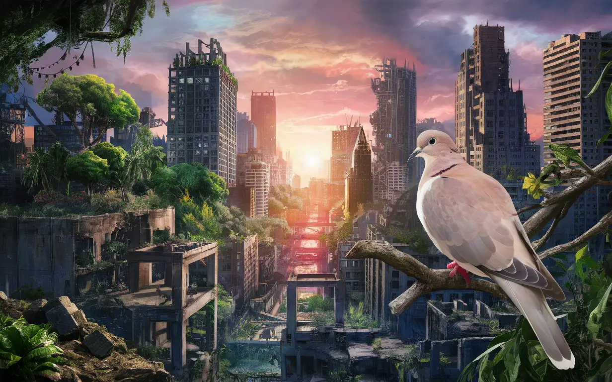 colorful post-apocalyptic city with trees and mourning dove