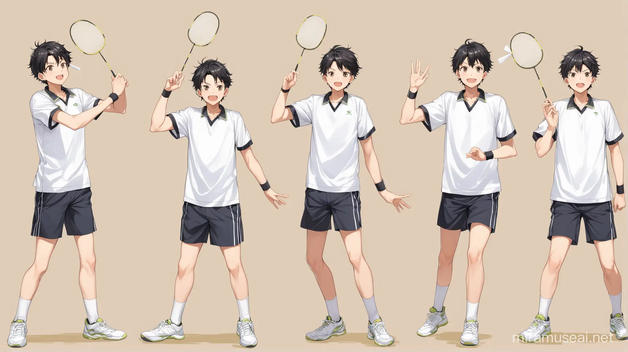 boy serving badminton pose, 3 pose