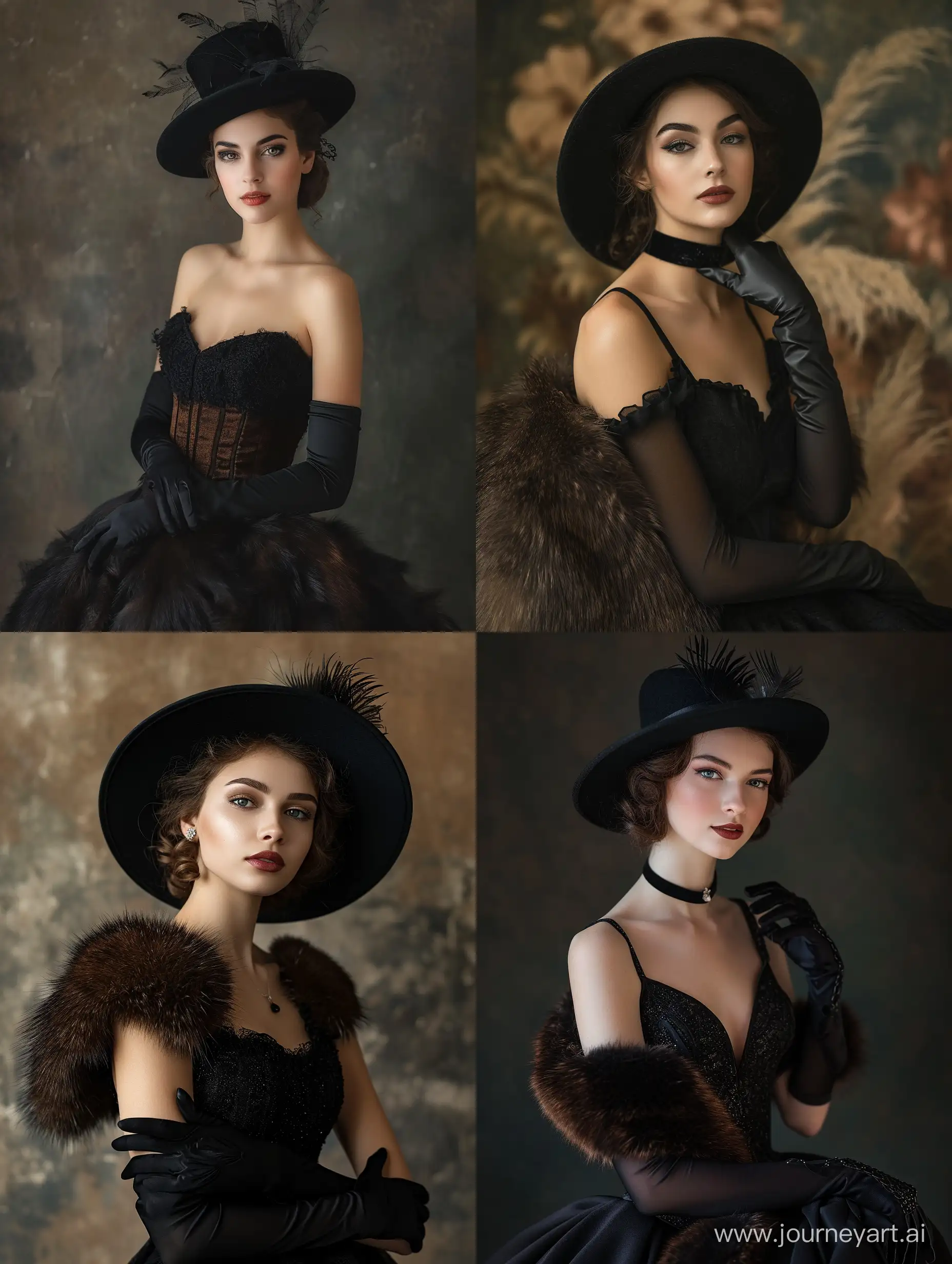 a woman in a black dress and hat posing for a picture, a portrait, inspired by Emma Andijewska, gothic art, soft fur, black and brown, black gloves, lovely bohemian princess Canon EOS 6D Mark II, ISO100, 40mm, f/4,5, 2,0c