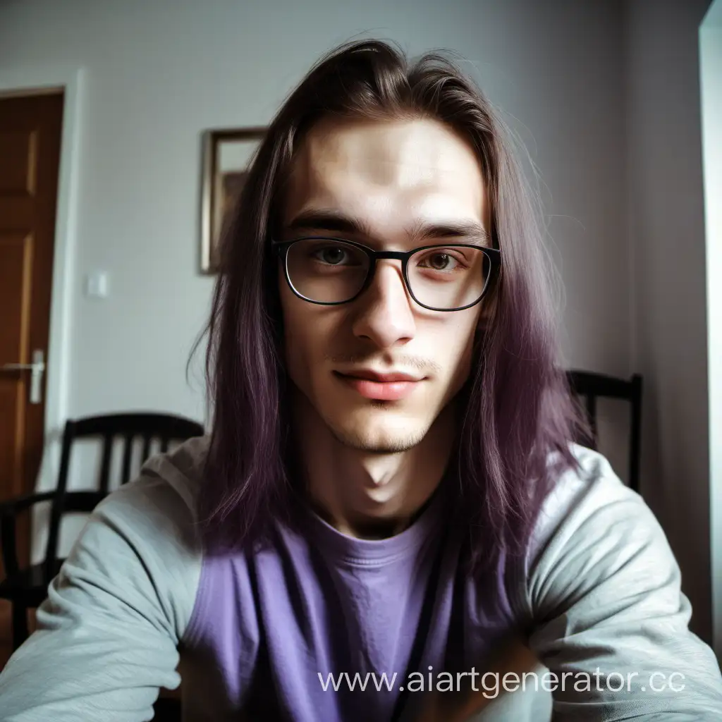 a young guy with long purple-brown hair. gray eyes. wearing glasses. Russian facial features. sitting home. selfy-style