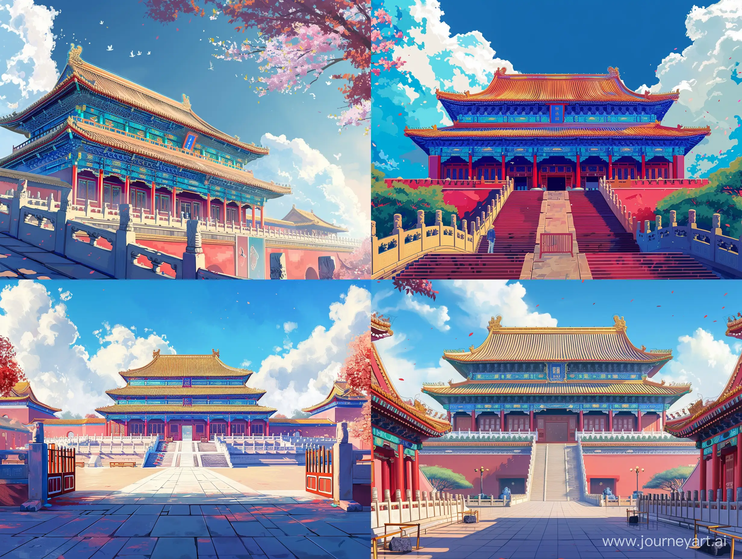 庄严宏大的宫殿，彩色中国风，水墨画风格，二次元漫画，高清，高级感，大师之作，古代，东方美学。