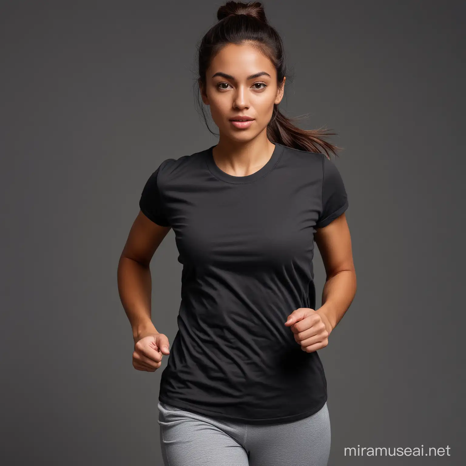 ethnic female jogging towards camera wearing plain solid black loose fitted unisex t-shirt, dark grey background