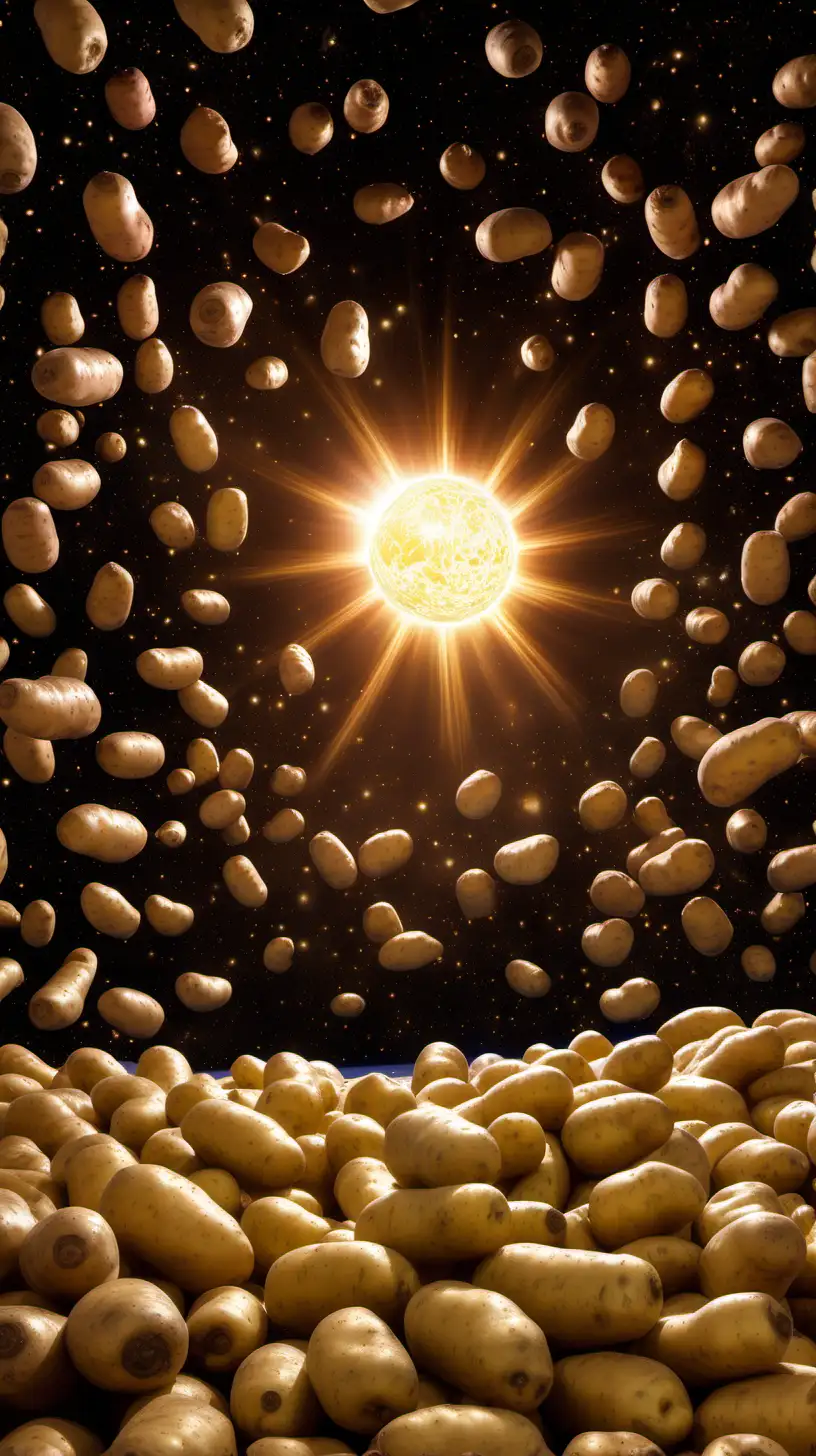 Sun Surrounded by a Galaxy of Floating Potatoes in Space