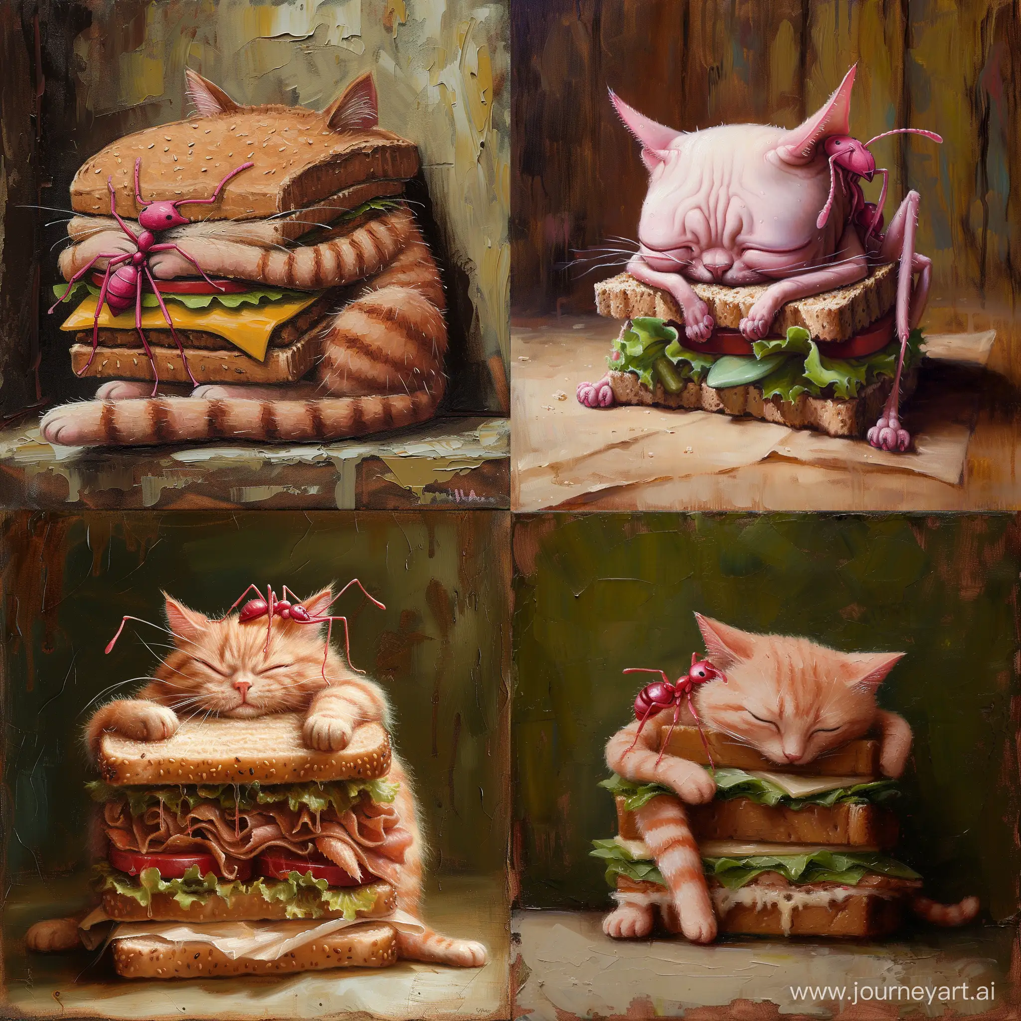 Adorable-Pink-Ant-Embracing-CatSandwich-in-Whimsical-Painting