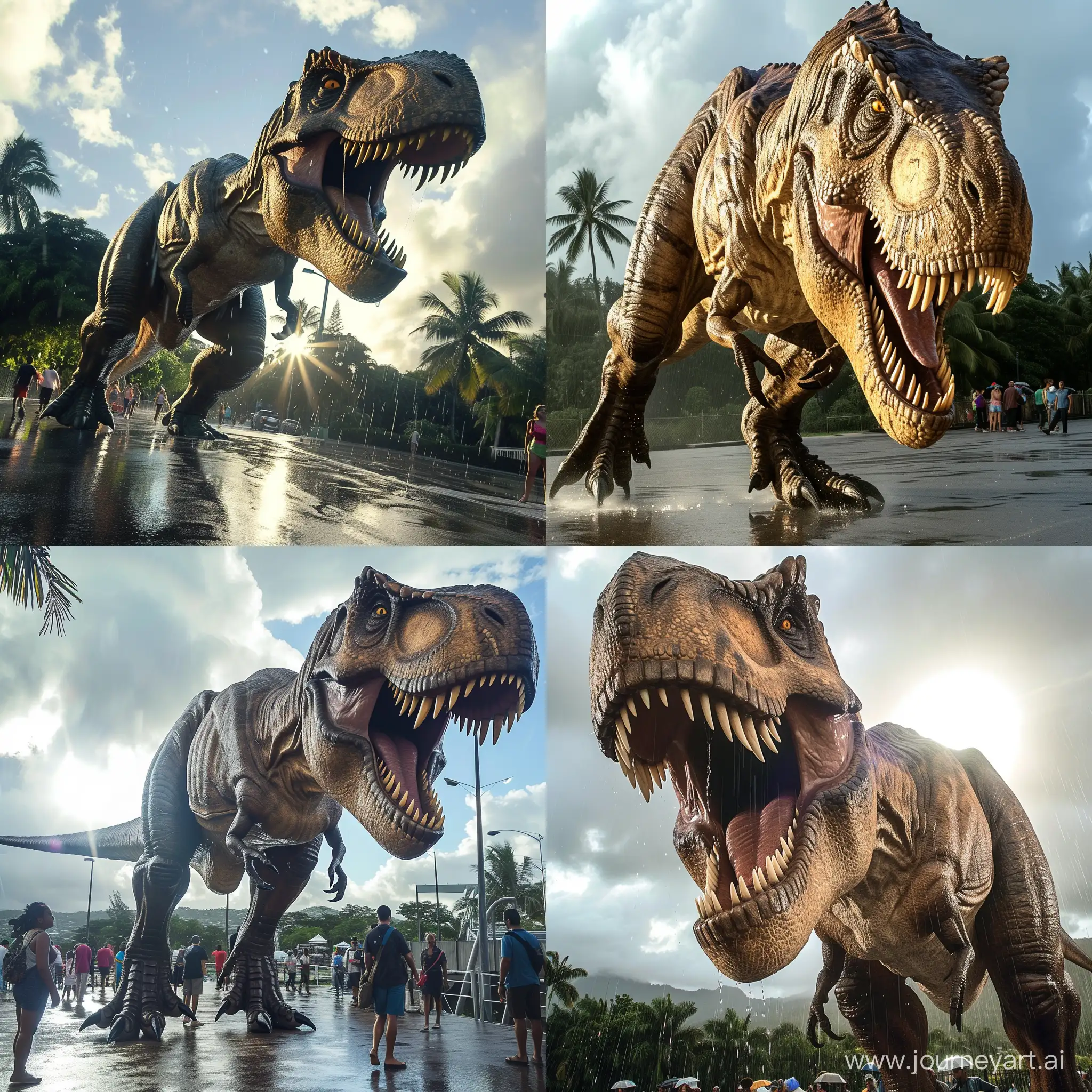(Tyrannosaurus Rex, from Jurassic Park) in Suva fiji, terrorizing people, photorealistic, photo evidence, sun, rain,