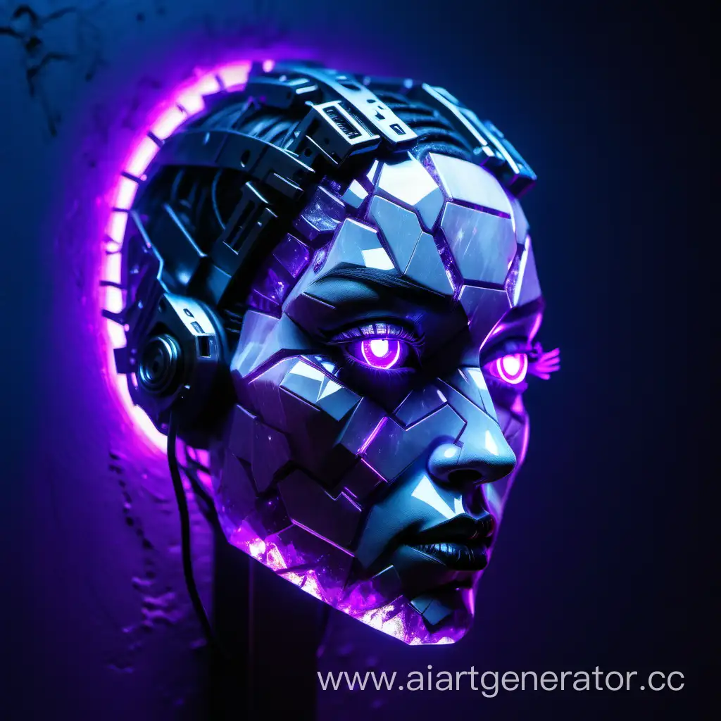 Лицо из кварца в стиле киберпанка с фиолетовым свечениям 