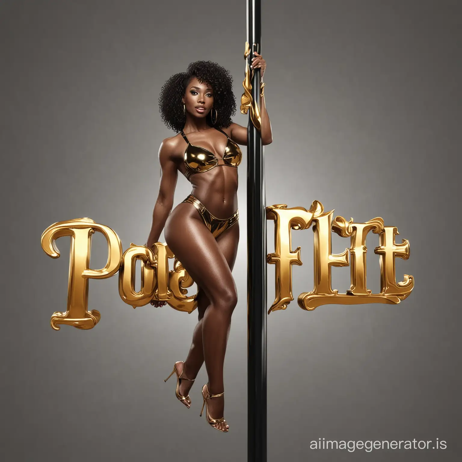Create branding logo for "Pole Fit 101" Make the logo a metallic 3-D image sexy, fit black woman. Use colors black and gold stripper pole theme