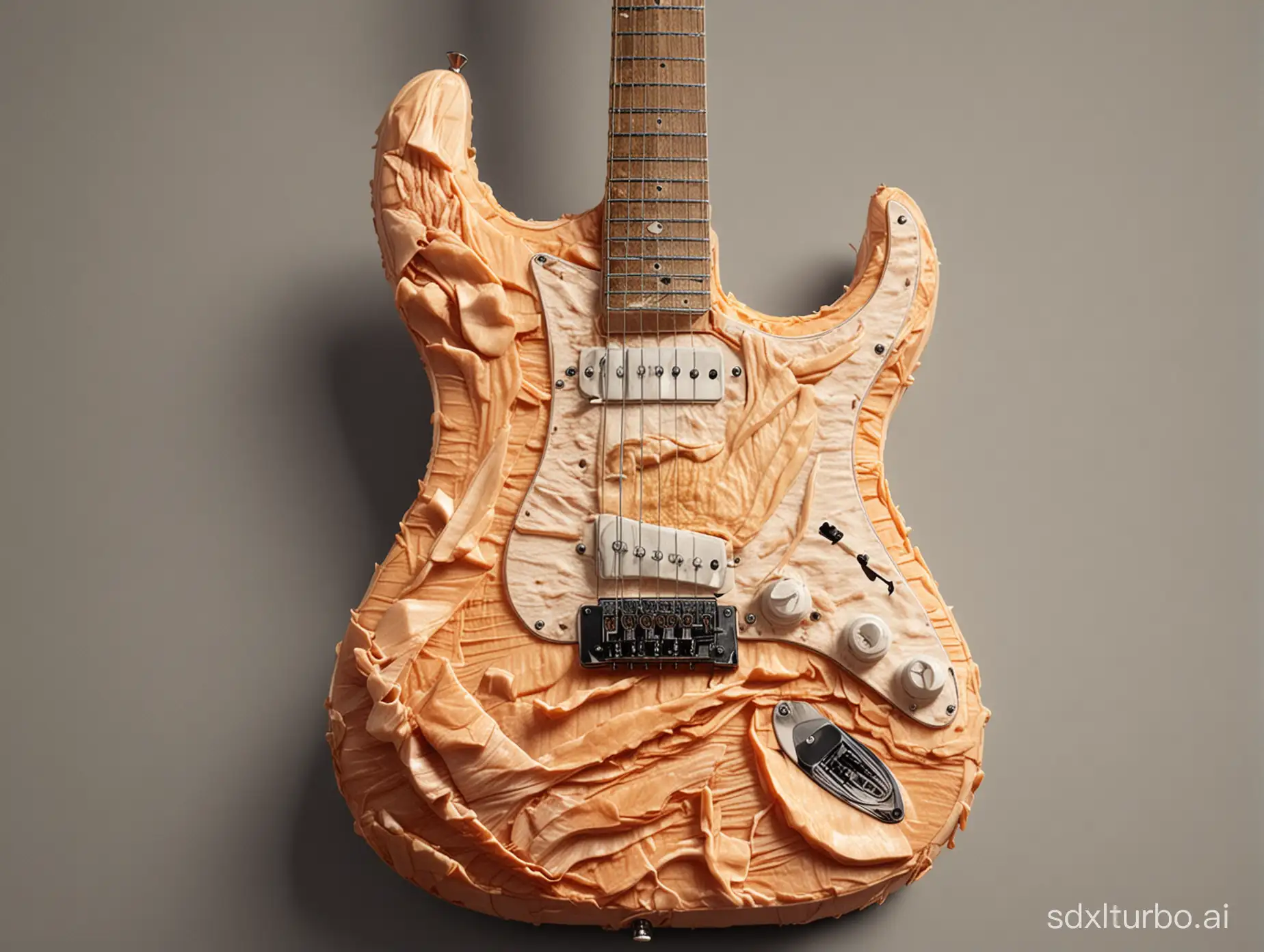 An electric guitar with a body made out of raw plucked un cooked chicken skin super realistic rendition