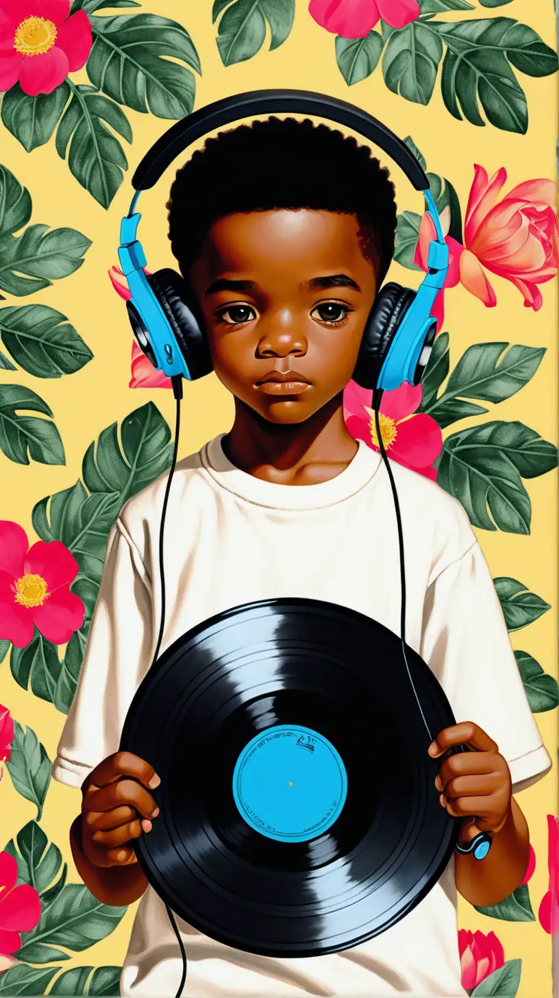 Young Black Kid with Headphones Holding a Vinyl Record