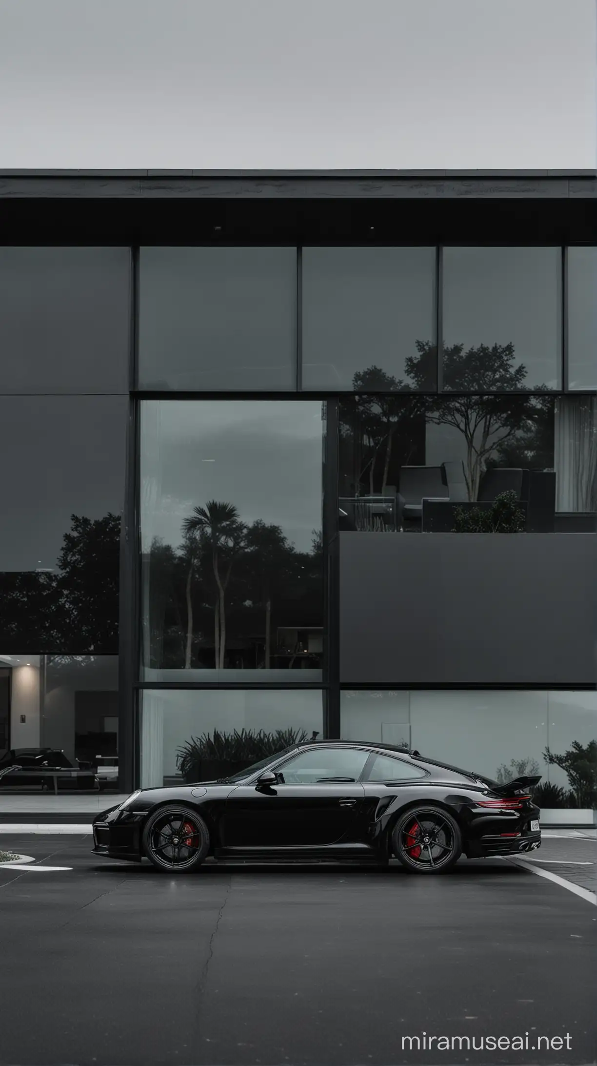 Give me a black Porsche in a  
minimalist black house with glass Windows, while.the camera is a bit far back