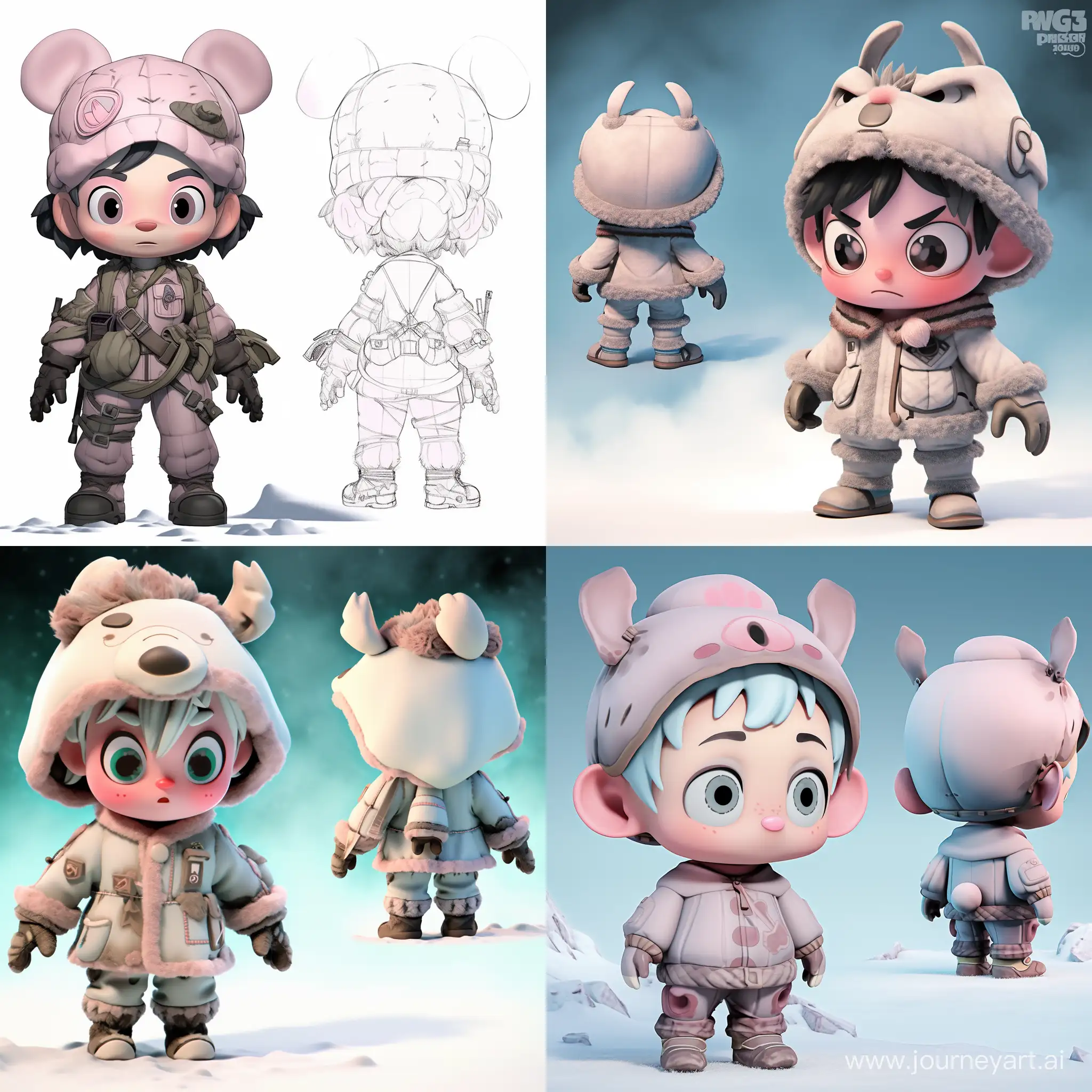 Frozen piglet, Cartoon character,  in a winter torn military uniform and a bullet-ridden helmet, big eyes, character sheet reference, Front view and profile view, whole body, comics style, detailed design. Cartoon style. Maximum detail. 3d quality. --niji