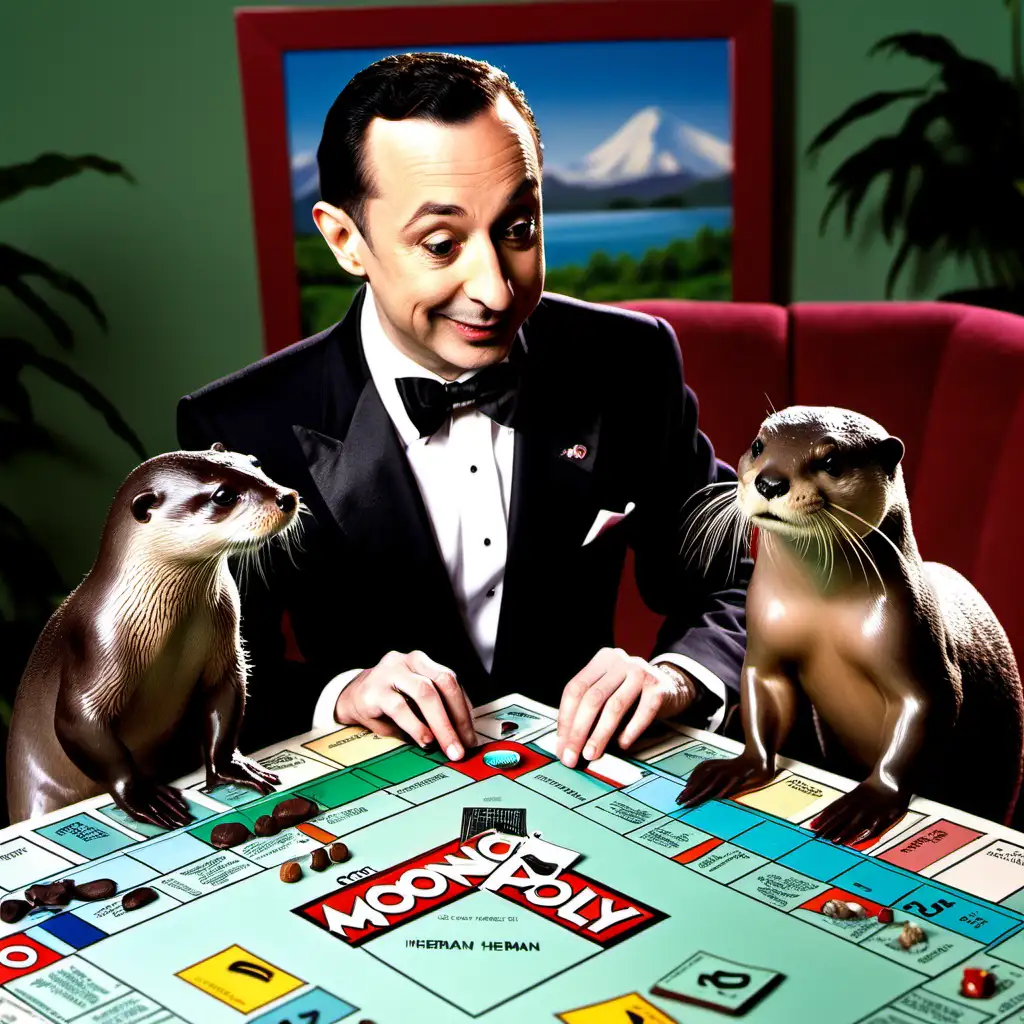 Peewee Herman Playing Monopoly with Otters Whimsical Game Night Fun