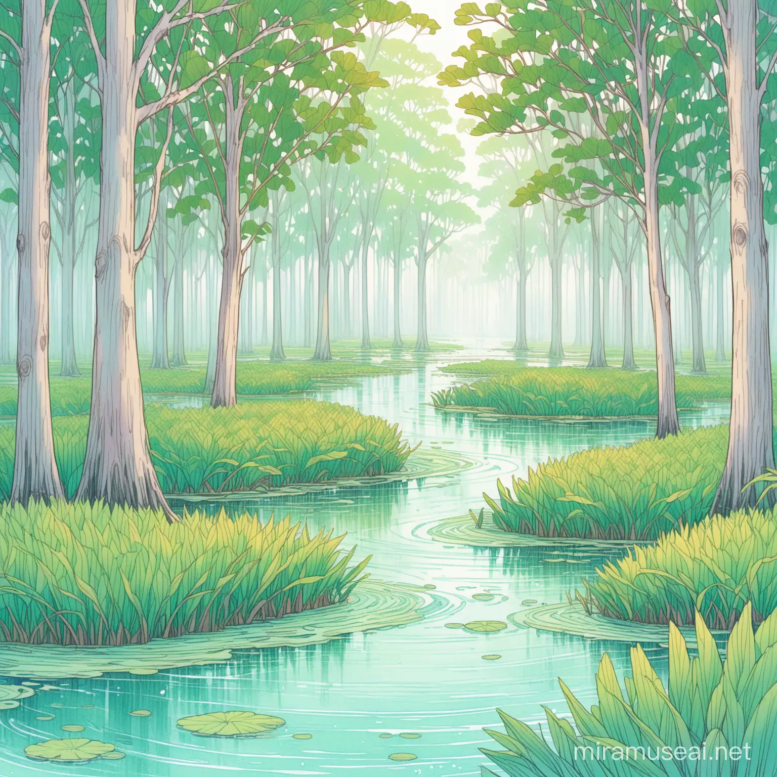 a water filled marsh waste, with tropical trees and silver oaks cascading through the swamps, in pastel colors hand drawn