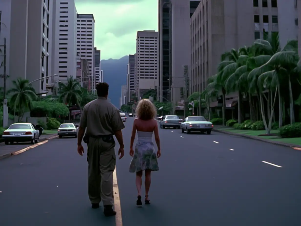 Terrified Citizens Amidst Futuristic Cityscape in Hawaii Scene from 1997 SciFi Film