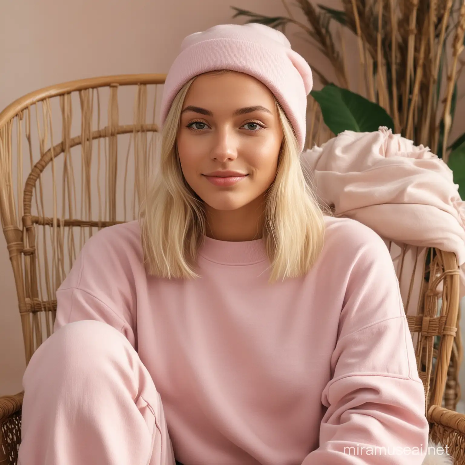 young women, with blond hair over her shoulders, wearing a light pink crewneck sweatshirt, boho background, sitting down on a chair, facing the camera, no wrinkles on the front of the sweatshirt, wearing a winter hat