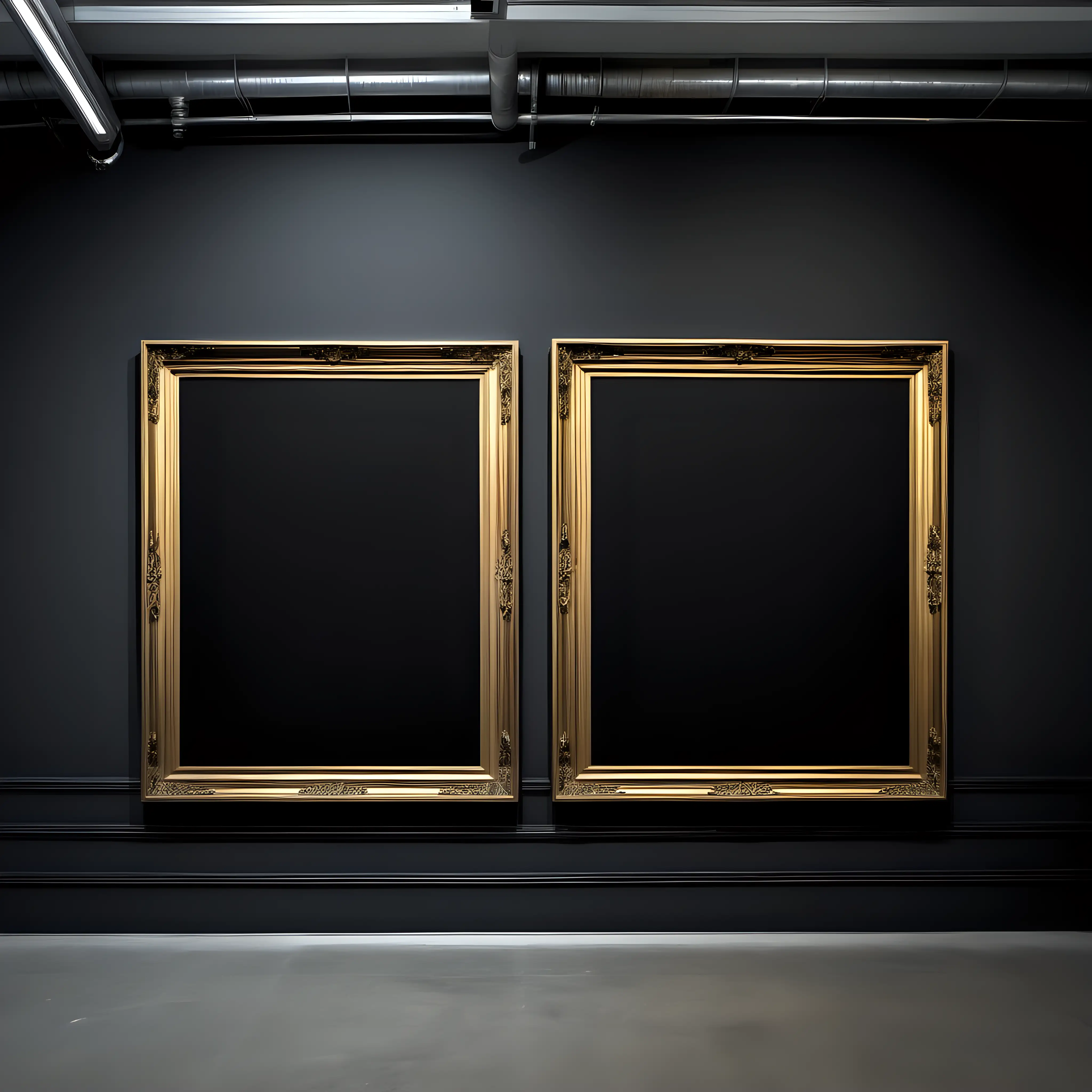 Contemporary Art Display Dual GoldFramed Canvases in a Dark Museum