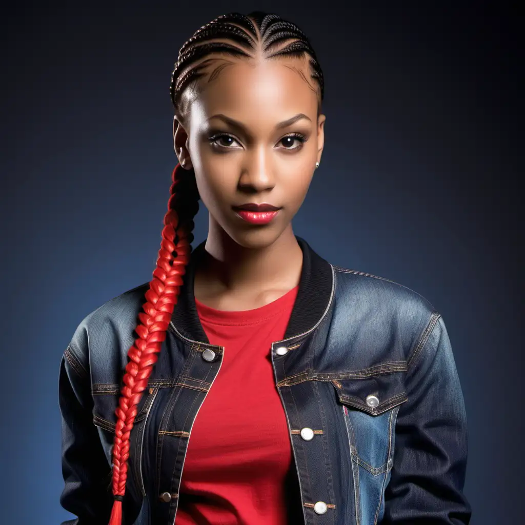 An attractive 27 year old Tall, leggy, 6’3 foot tall, light-skinned African American female, oblong-shaped female head, sleek black straight, long, thin, individual cornrow braids, red long sleeve t-shirt, black skin-right denim jacket, skinny build, front view only, well-detailed face, focused on face, high-quality face