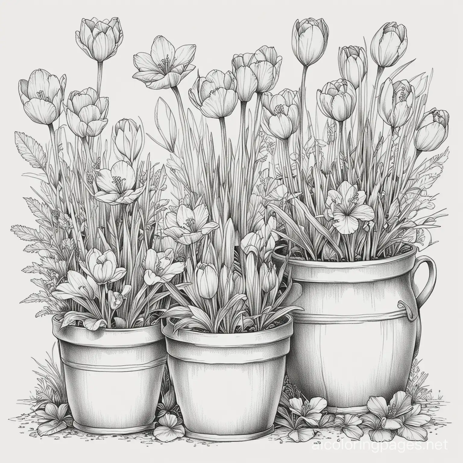 Create a picture for adult coloring in black and white only.  The theme of the picture: British garden. gardening. Style: sketching, ink, line drawings. the picture shows pots of flowers and crocuses. The detail of the drawing is medium.  Ratio 3:4, Coloring Page, black and white, line art, white background, Simplicity, Ample White Space. The background of the coloring page is plain white to make it easy for young children to color within the lines. The outlines of all the subjects are easy to distinguish, making it simple for kids to color without too much difficulty