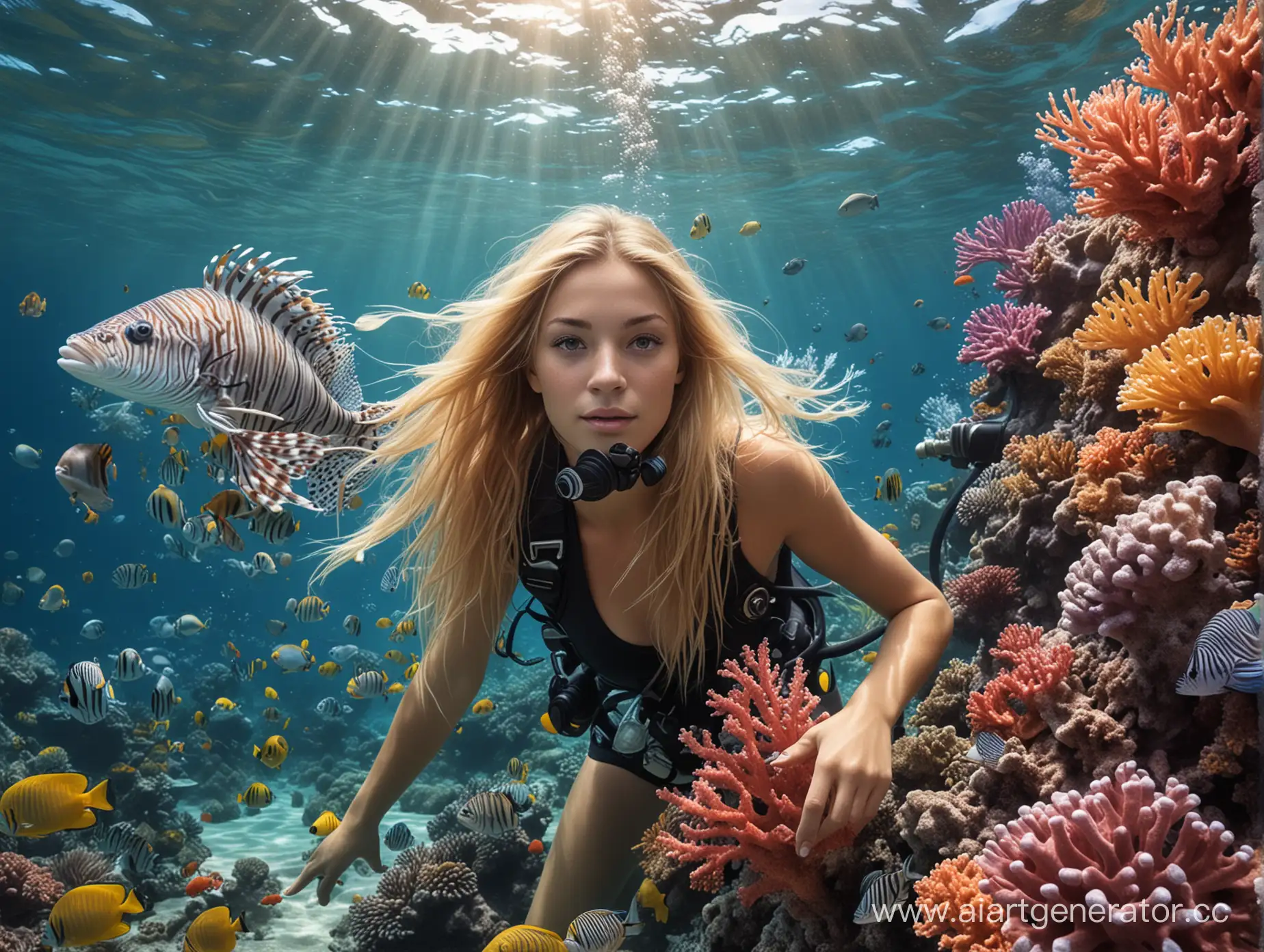 majestic detailed ocean underwater girl scuba diver with long blonde hair lion fish reef shark colorful coral photo realistic photograph