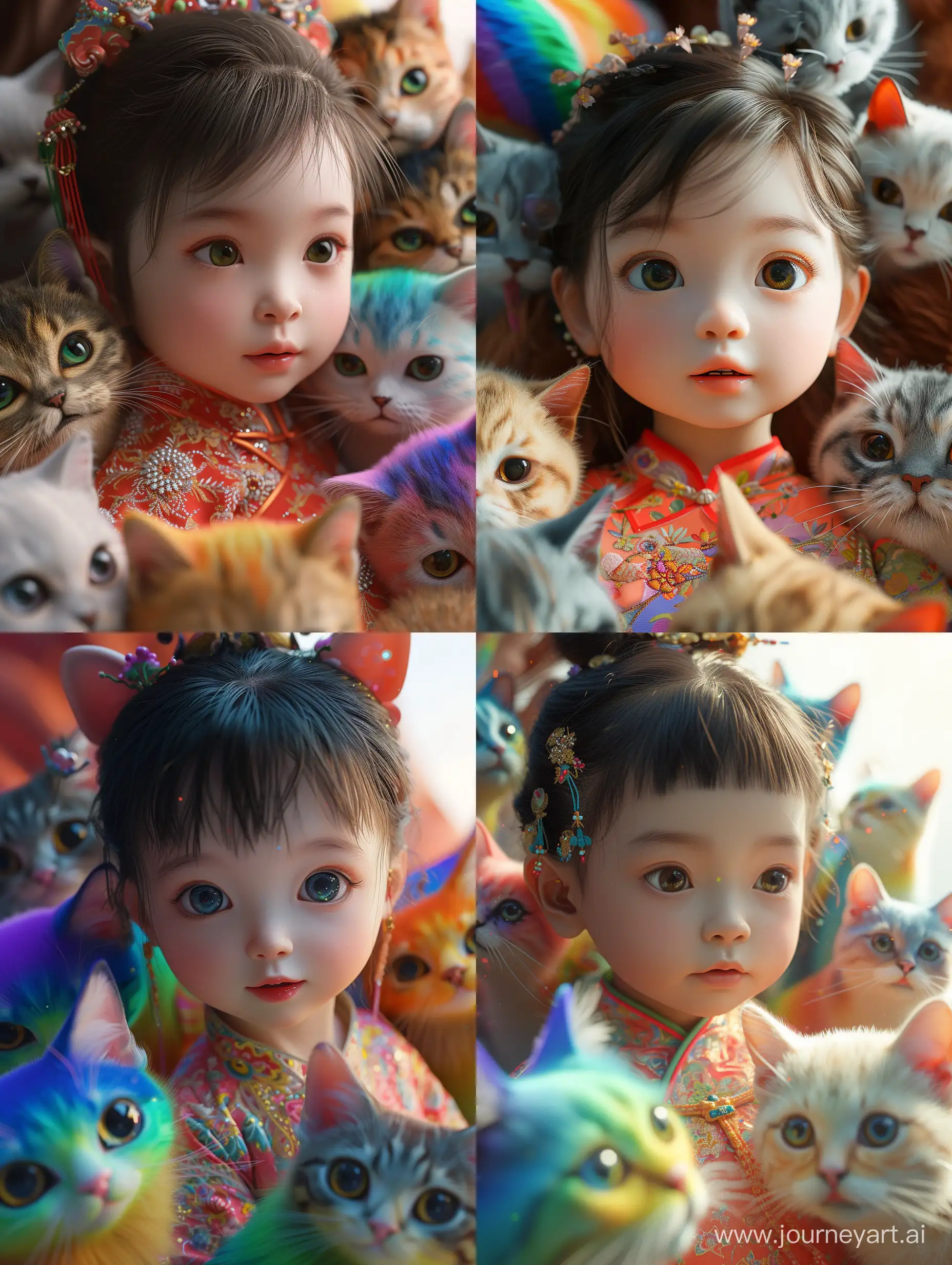 A close-up shot of a 1-year-old Chinese girl, surrounded by rainbow cats, wearing a magnificent Hanfu dress. The scene is grand and minimalist, with a touch of surrealism. The C4D rendering enhances the masterpiece with cinematic lighting, capturing every detail in exquisite precision. This 8K HDR best quality image portrays a realistic scene with the perfect blend of beauty and fantasy. --v 6 --ar 3:4 --no 22382