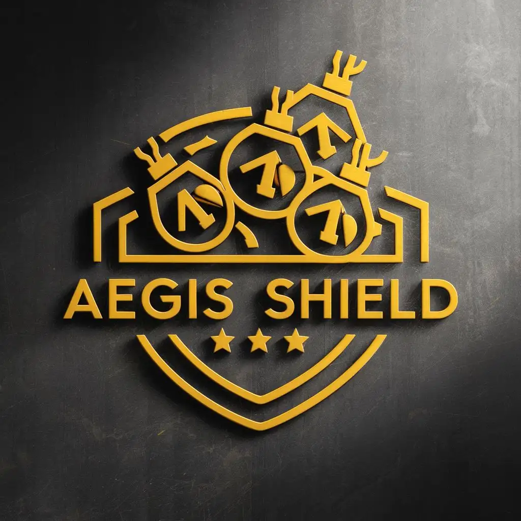 logo, bombs raining on logo with caution symbols within them, symbolizing antiddos server protection or the bombs being packets, with the text "Aegis Shield", typography, be used in Technology industry