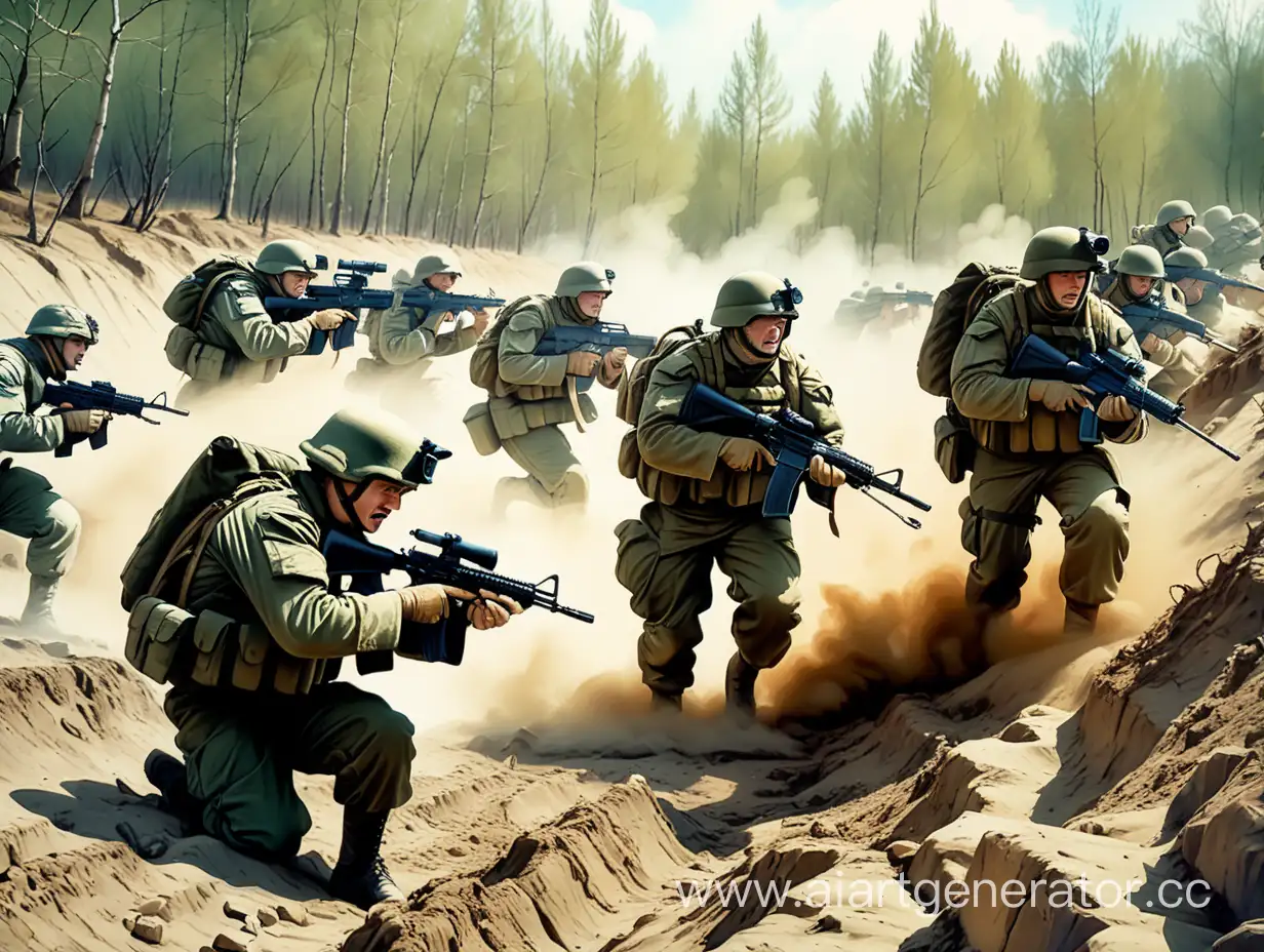 специальная военная операция, отряд российских современных солдат в тактическом снаряжении штурмует окоп, иллюстрация в стиле картин военных баталий