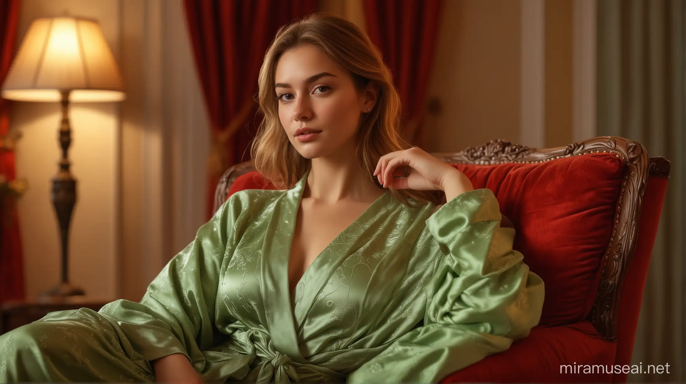 photo realistic, high quality, young woman, perfect face, light-brown hair, wearing light-green robe, sitting on the armchair, red light night room, detailed brushwork, soft bokeh, depth of field, opulent colors, velvety shadows, meticulous detail, luxurious atmosphere, sumptuous textures