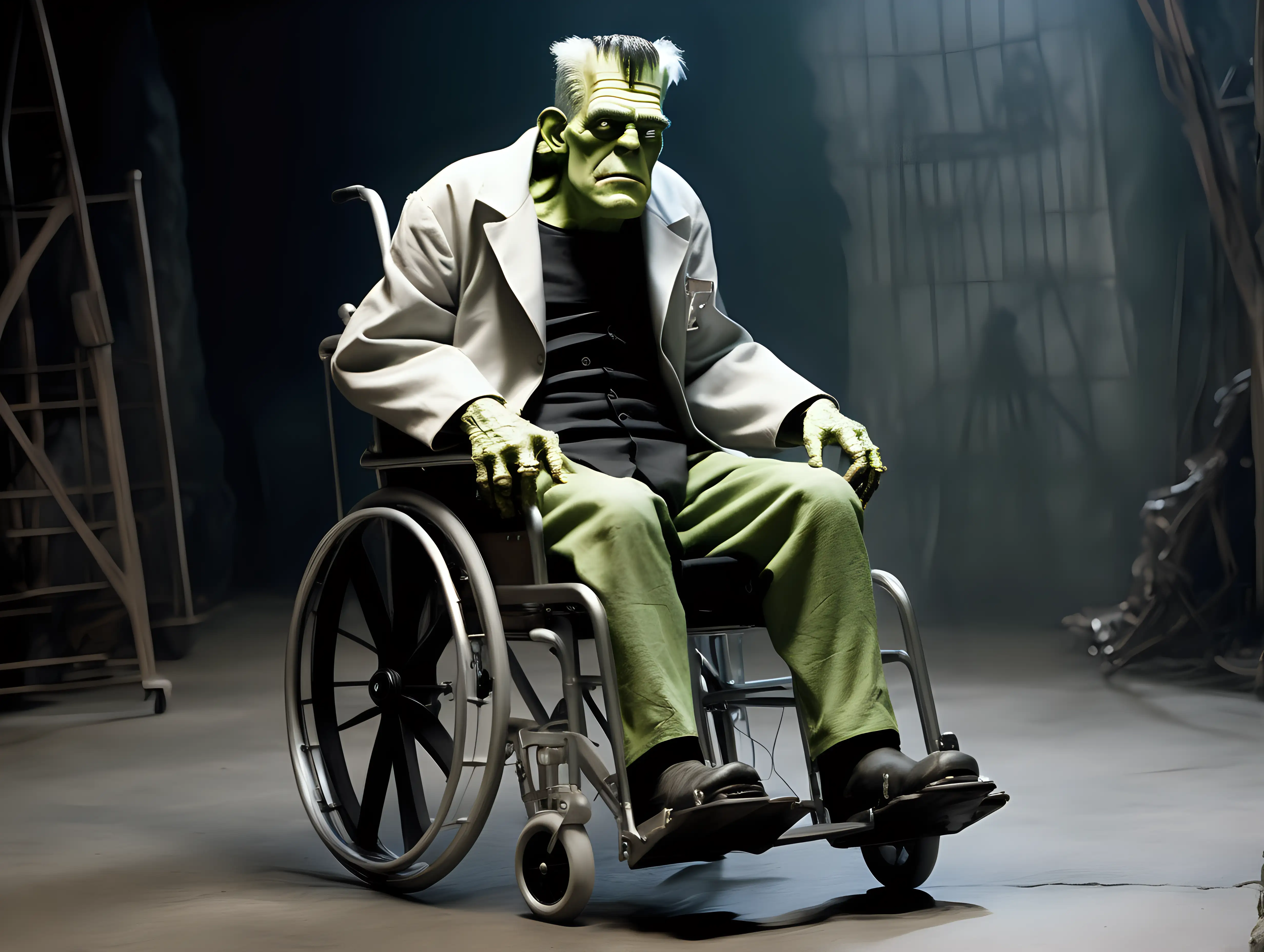Old Frankenstein riding in a wheel chair