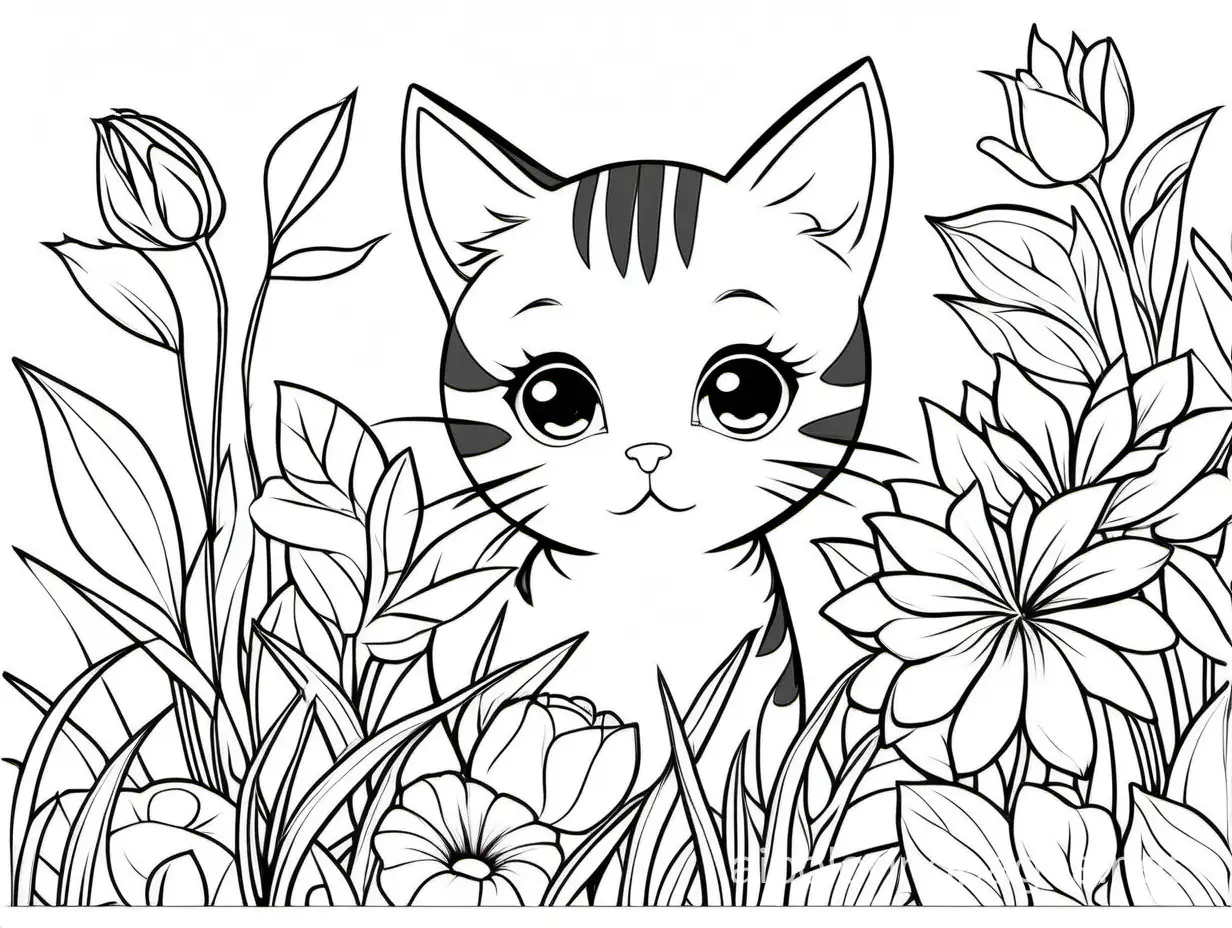 In back ground of flowers ,a cute baby cat face portrait of, Coloring Page, black and white, line art, white background, Simplicity, Ample White Space. The background of the coloring page is plain white to make it easy for young children to color within the lines. The outlines of all the subjects are easy to distinguish, making it simple for kids to color without too much difficulty