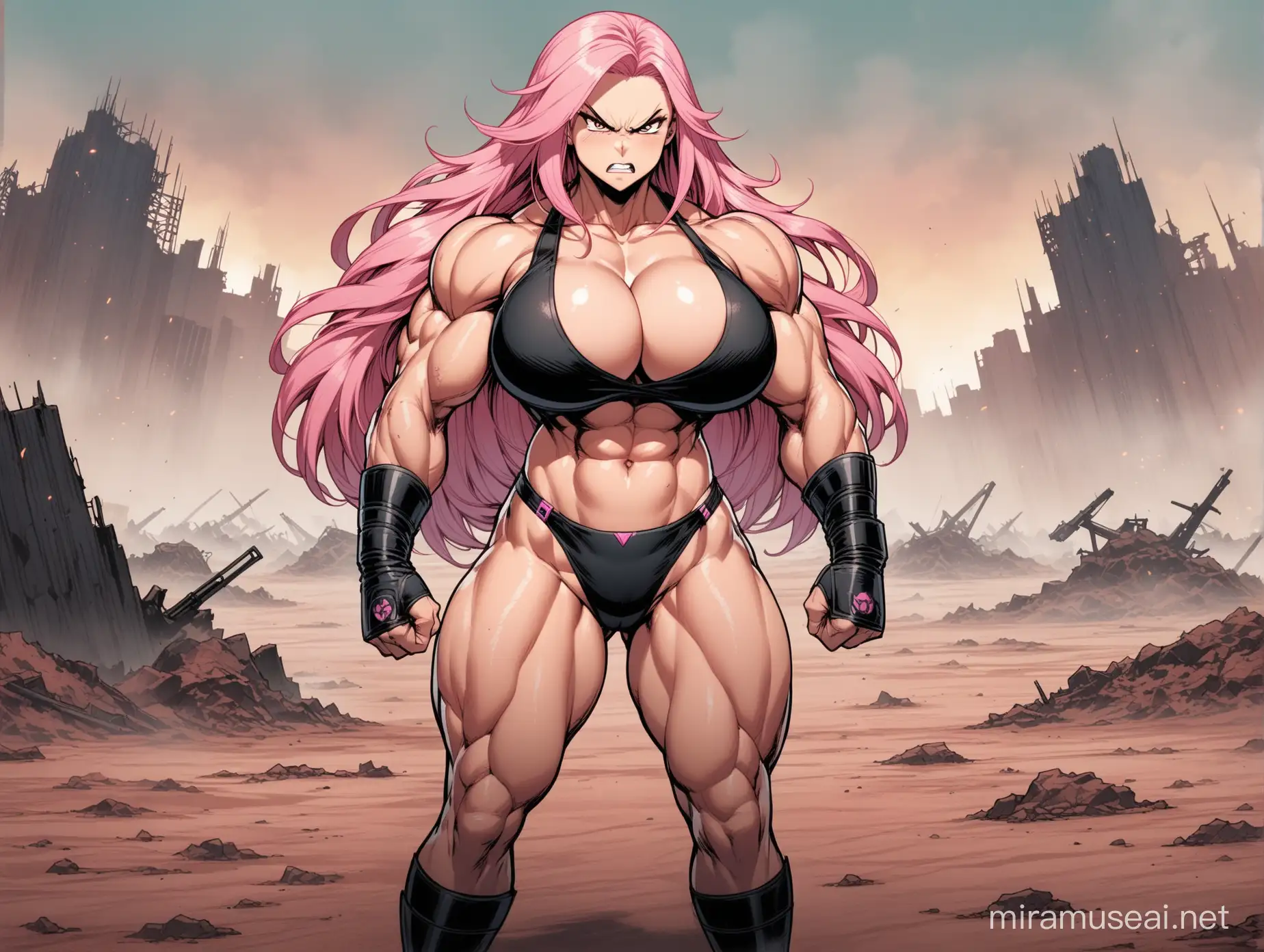 a muscular, big, strong, peach-skinned, angry, infamous woman, black suit with pink edges, big breasts, sturdy booty, desolate wasteland background, long fluffy pink hair.
