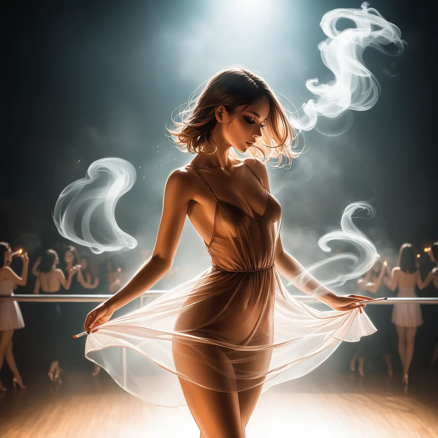 Ethereal Dancing Graceful Girl Enveloped in Translucent Cigarette Smoke Dress