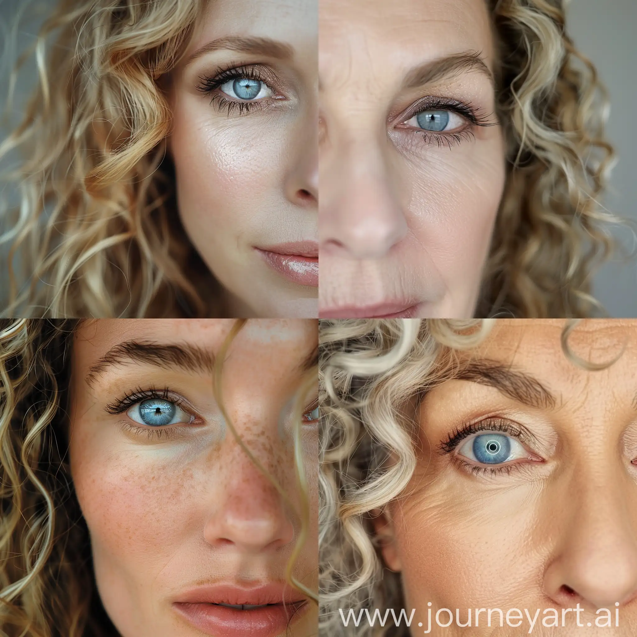 Ideal eye make-up for 45 years old woman, with blue eyes, blond and curly long hair, fair skin
