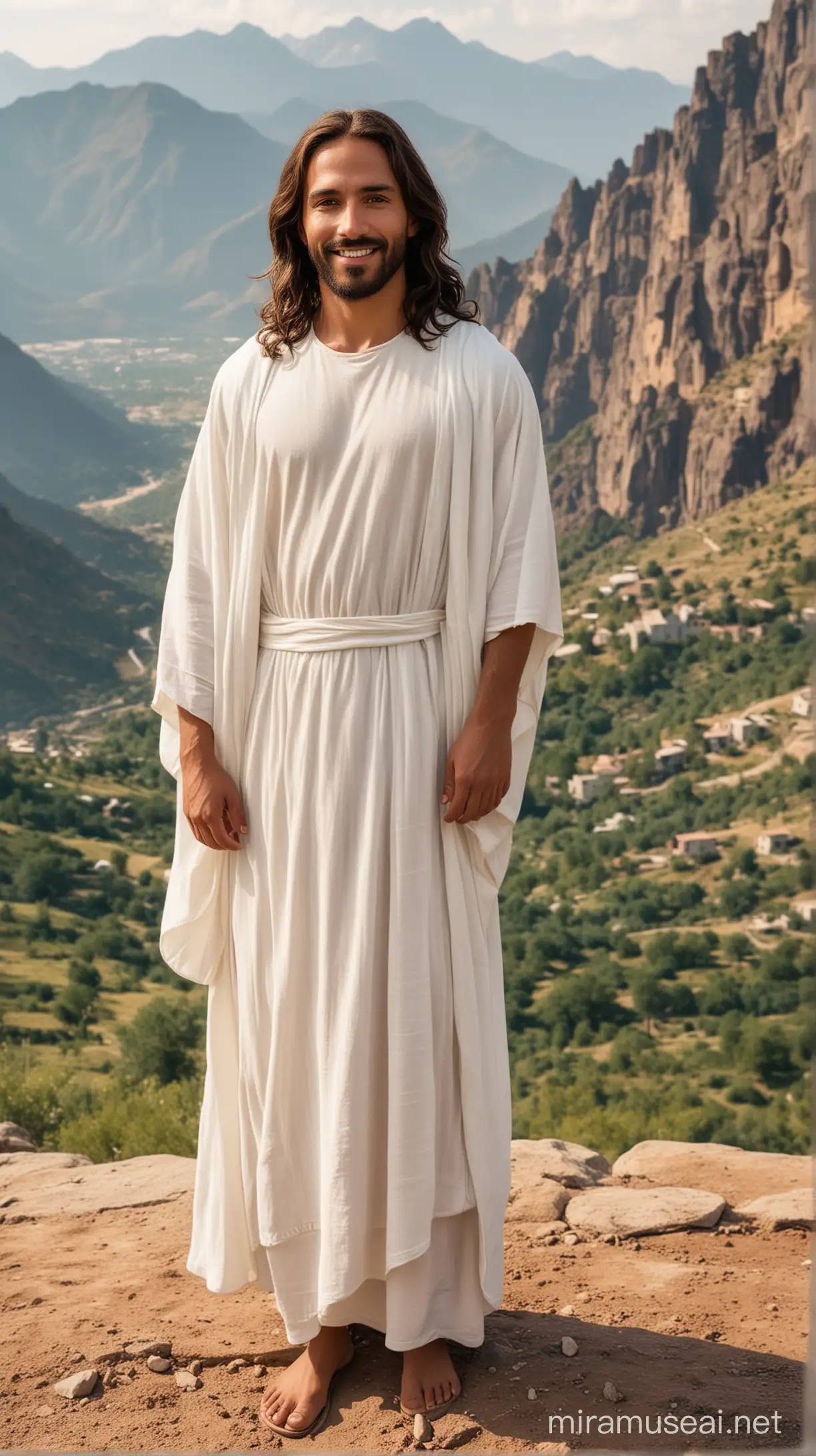 Jesus in white dress, slightly smiling, brown skin,  mountains in the background 